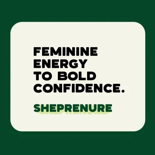 A circular design with pink and green colors, containing a white box with bold black and green text that reads, 'Feminine energy to bold confidence. Sheprenure'.