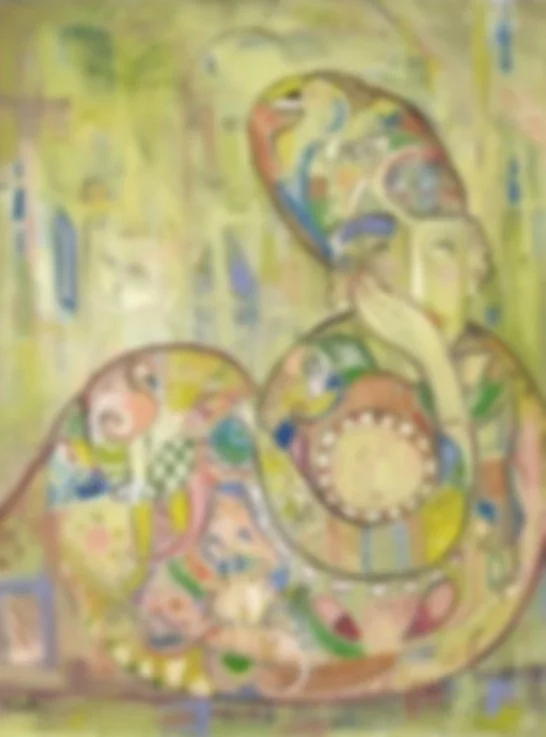 Painting of a reclining nude woman with dark curly hair on a green surface, surrounded by vibrant colors and abstract figures, with a potted plant on the left and a window on the wall.