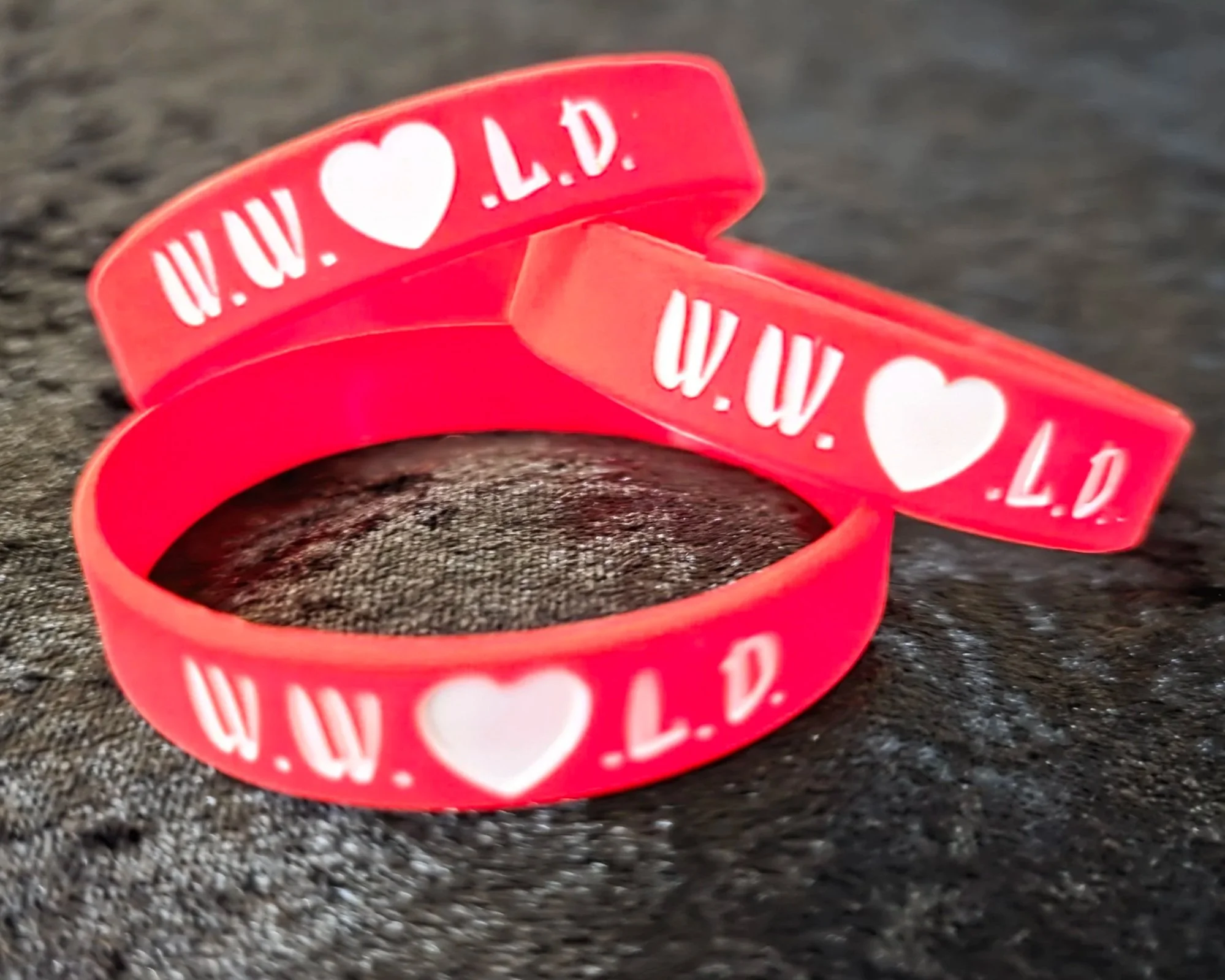WW❤️LD Wristband - White on Red Band - Bold Font