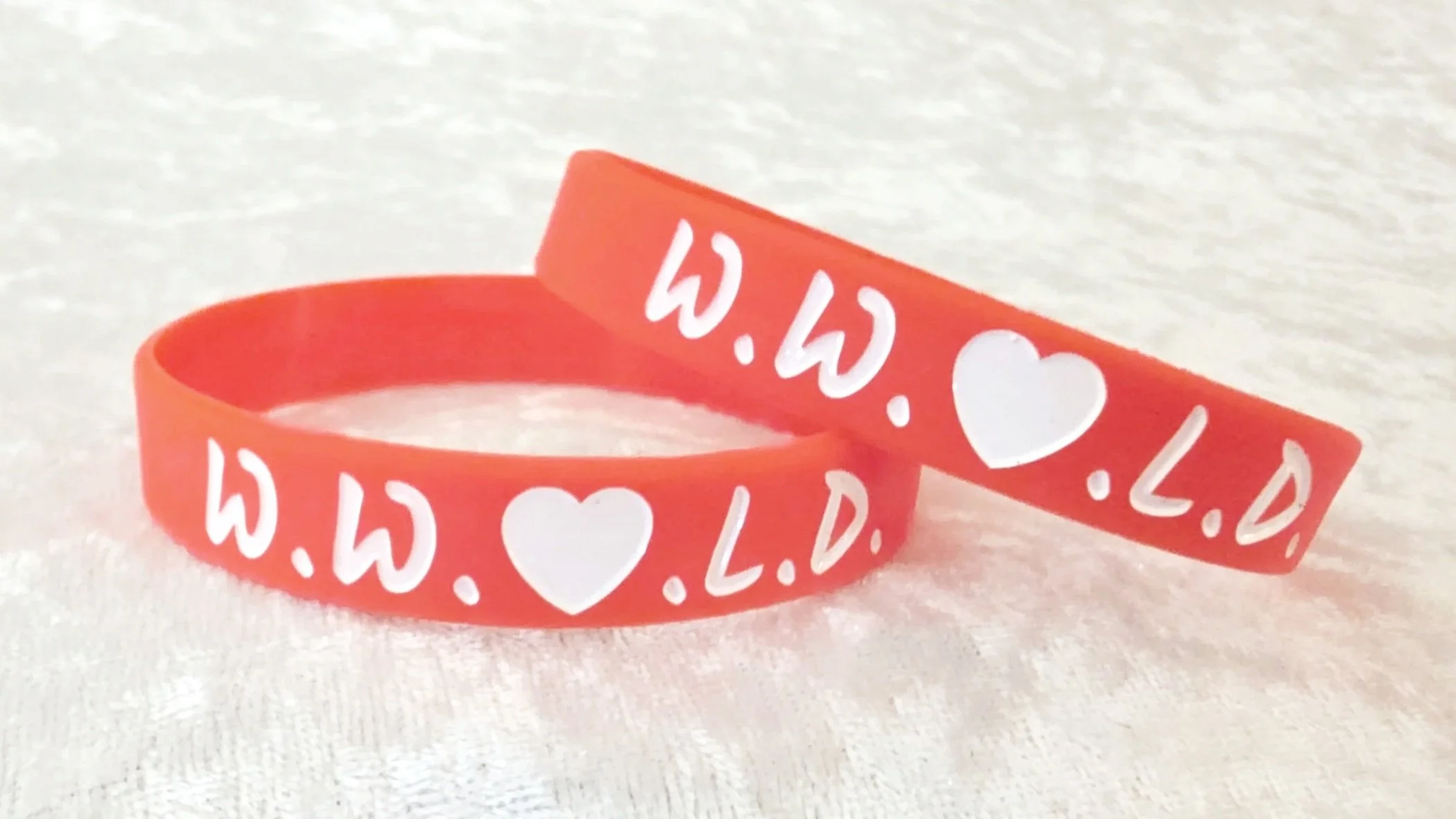 WW❤️LD Wristband - White on Red Band - Fancy Script