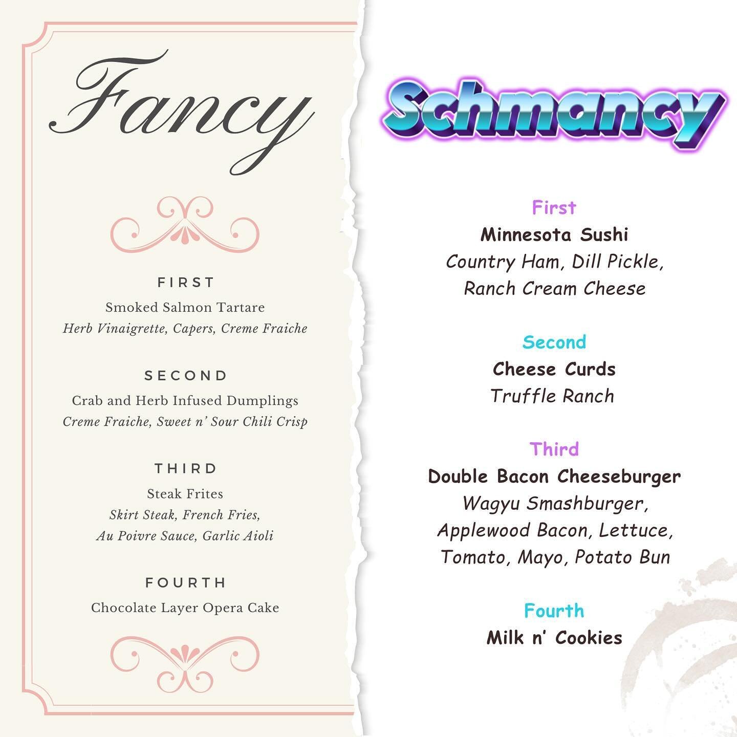 What up?!? Looking to mix it up this Valentine&rsquo;s Day? Check out our Fancy/Schmancy menu and choose your own adventure! Snag your spot on OpenTable at the link in our bio!