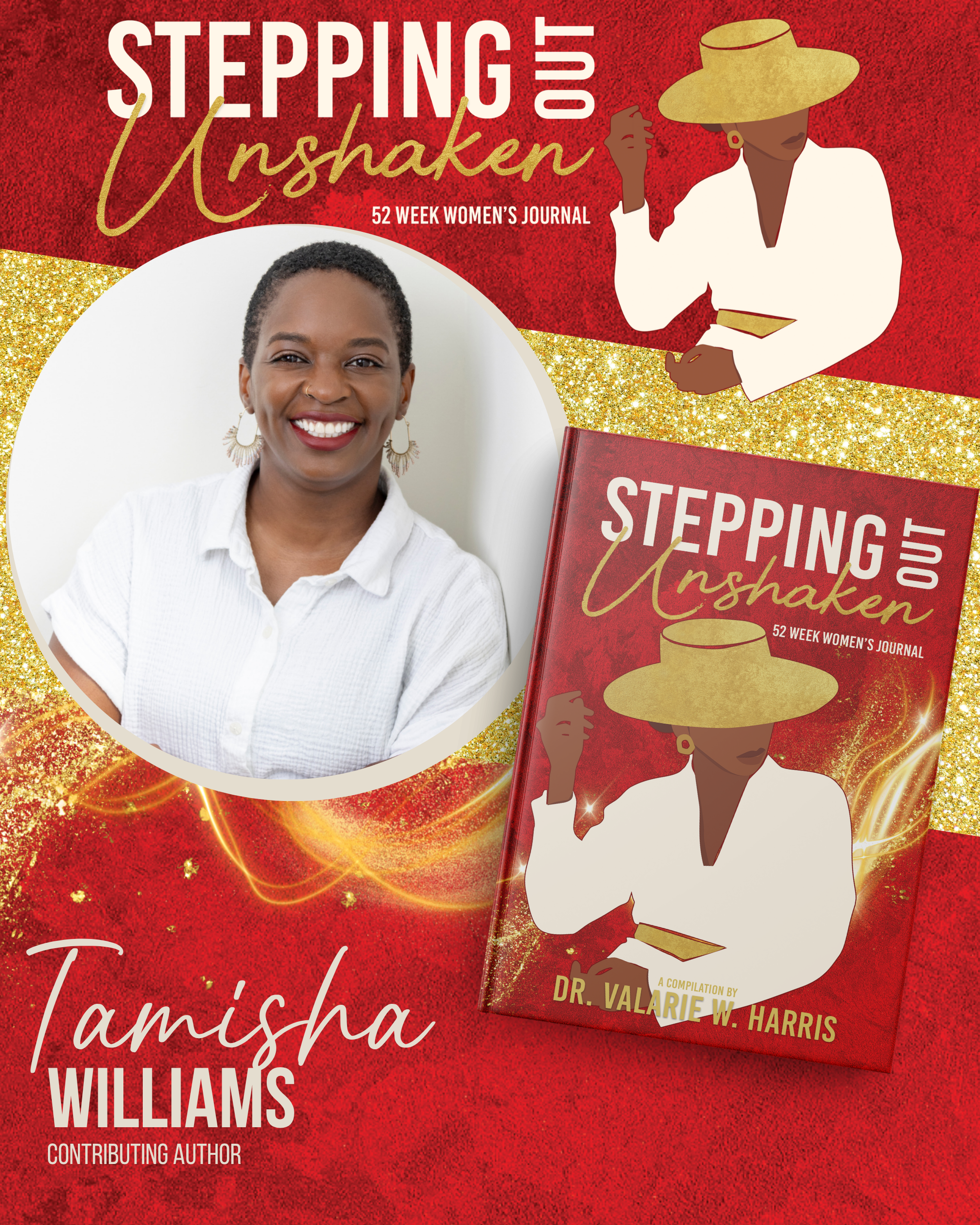 There's a headshot of Tamisha, and a mock book cover. The text reads, Stepping out unshaken, 52 week women's journal, Tamisha Williams contributing author
