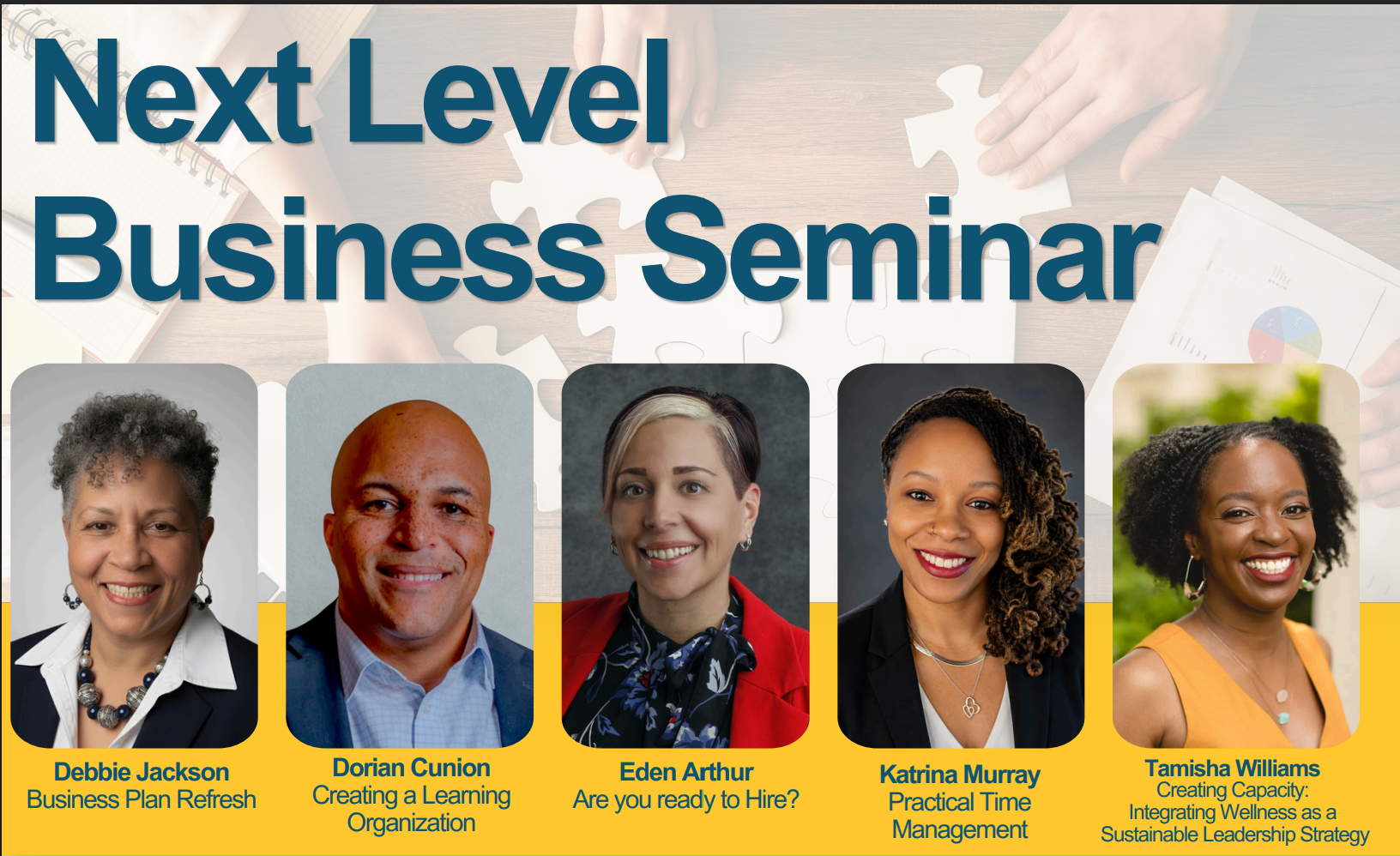 Next Level Business Summit is the title on this screenshot. There are 5 headshots of professionals who will be speaking at the summit.