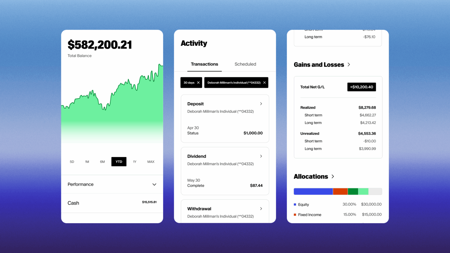 Altruist app screenshots including trending view, transaction activity, gains and losses and allocations