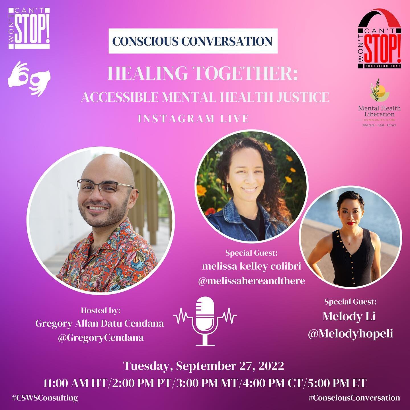 Join us for our next Conscious Conversation! Our President and Co-Founder, Gregory Allan Datu Cendana (@gregorycendana), will interview Accessibility Coordinator melissa kelley colibr&iacute; (@melissahereandthere), and Mentah Health Liberation Activ