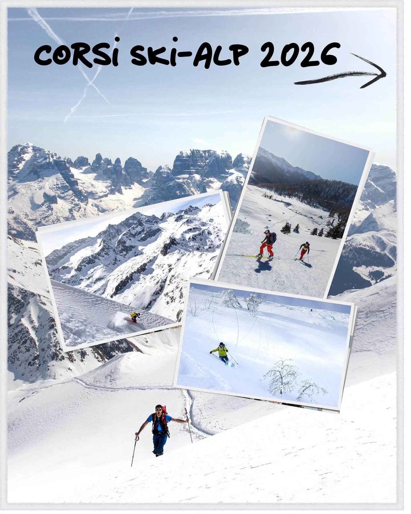 ❄️⛷️🏂 

🔵 𝗖ORSO 𝗕𝗔𝗦𝗘 

🙋&zwj;♂️Rivolto a sciatori e snowboarders che curvano con disinvoltura su tutte le piste, ma senza esperienza in ambiente. Interessati a iniziare ad esplorare l&rsquo;ambiente fuori pista.

📚 Uso kit Artva Pala Sonda, 