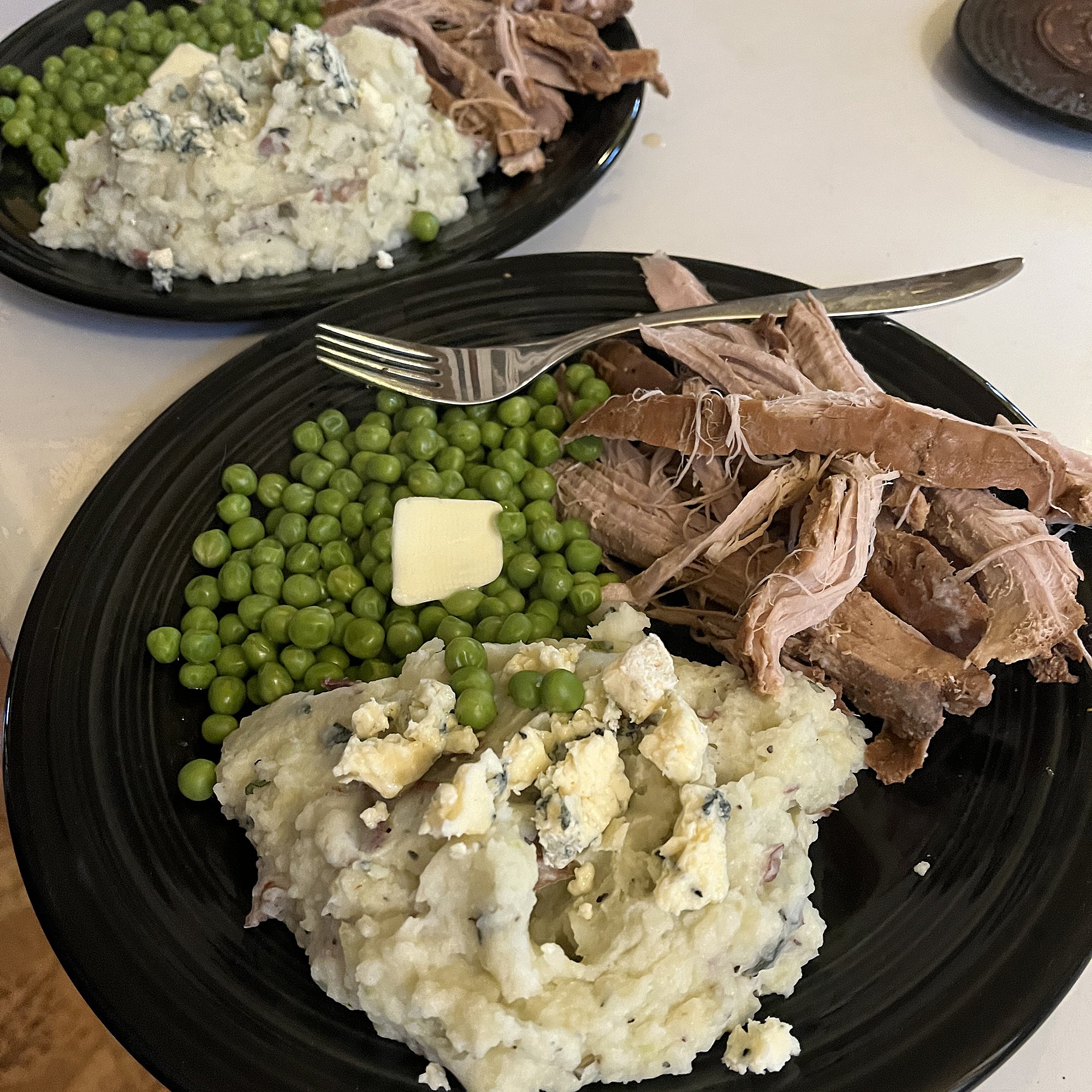 Enjoy! (Pictured with blue cheese and sage mashed potatoes &amp; peas.)