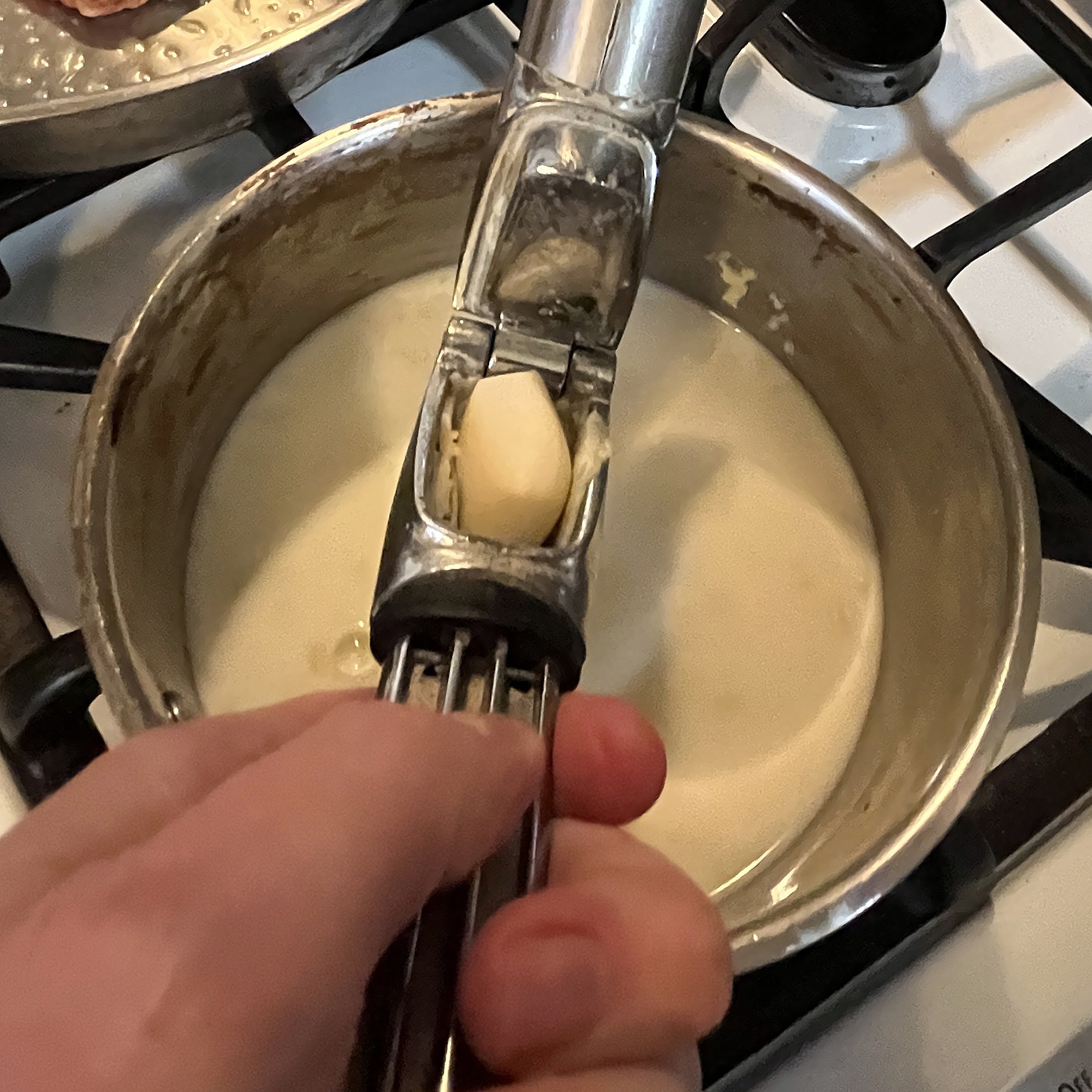Crush garlic into milk and bring to boil. Reduce heat to medium.