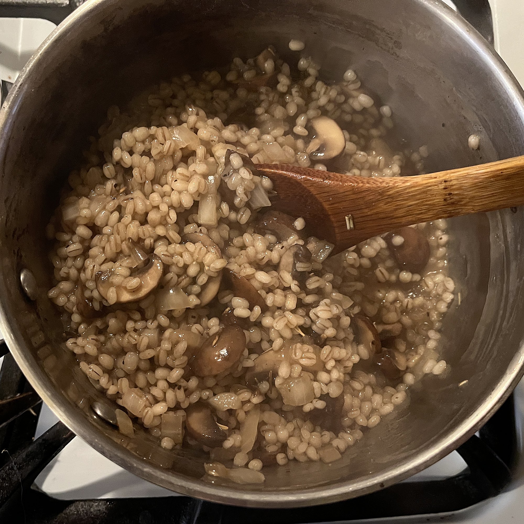 Mix and cook (adding liquid as needed) until barley reaches desired firmness.