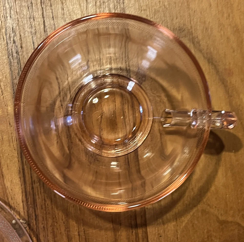 Pink Depression Glass Teacup & Saucer  Green Witch Vintage & Handmade