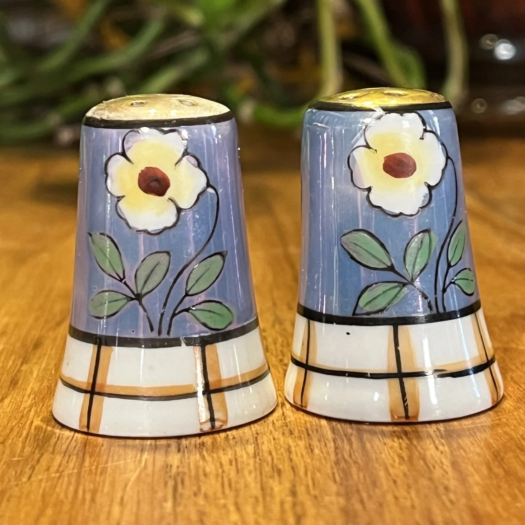 Blue & Gold Lusterware Salt & Pepper Set w/Flower Design