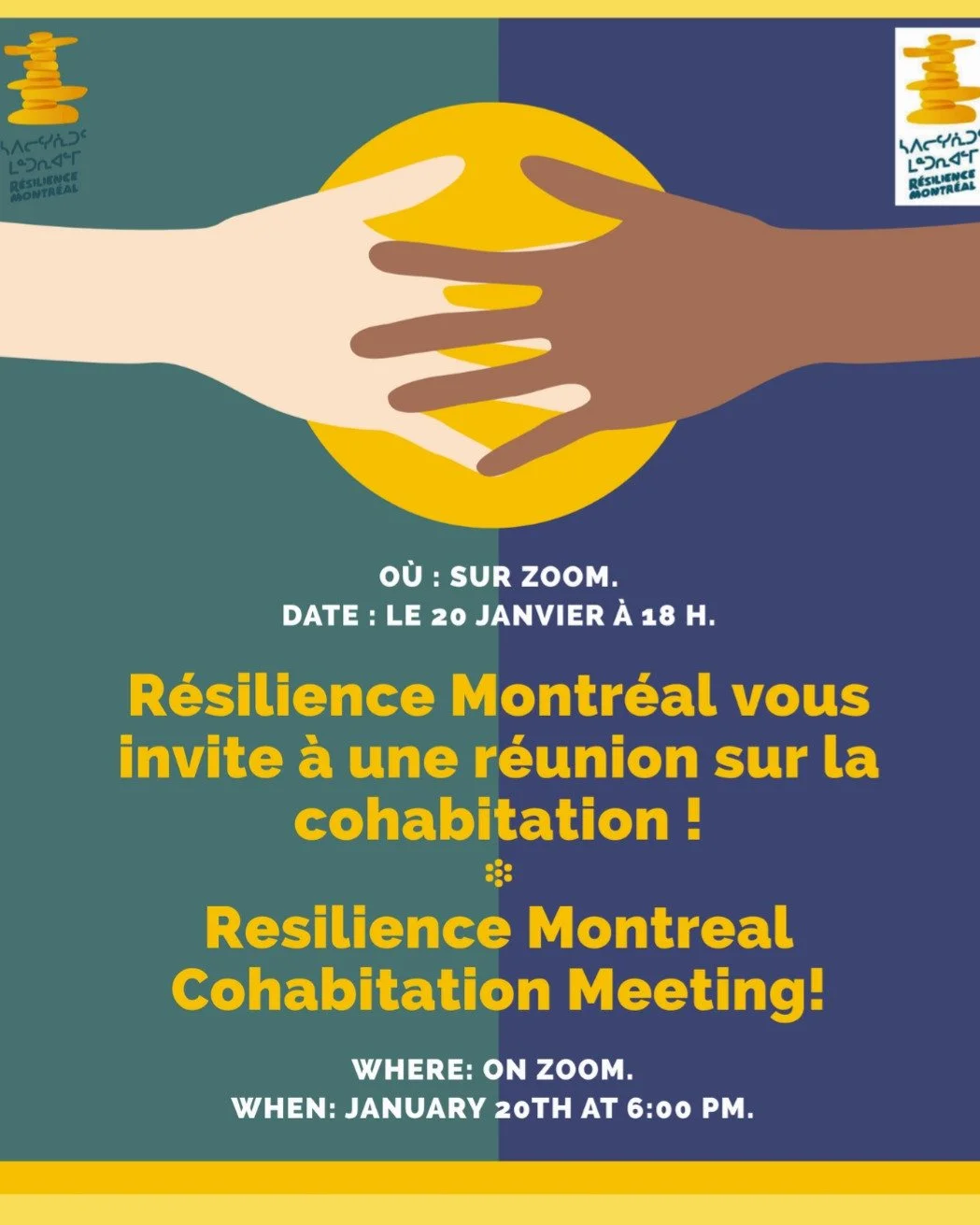 R&eacute;silience Montr&eacute;al vous invite &agrave; sa premi&egrave;re r&eacute;union de cohabitation de 2026&nbsp;! 🏡

📍 O&ugrave;&nbsp;: sur Zoom.
⏰ Quand&nbsp;: le mardi 20&nbsp;janvier &agrave; 18&nbsp;h.

👉 Inscrivez-vous sur notre site we