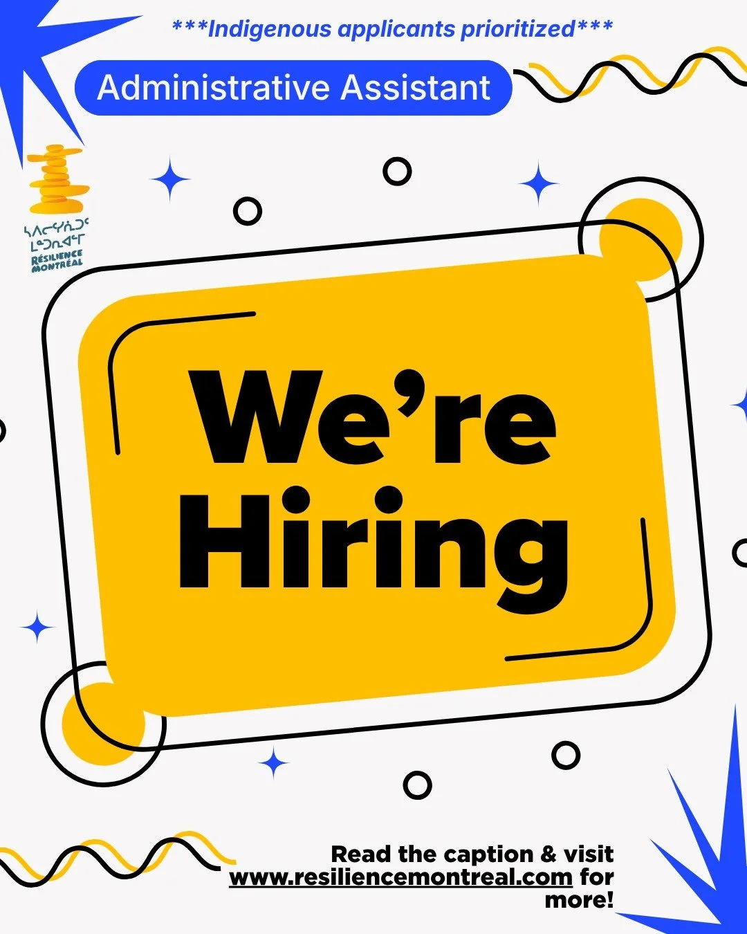 🧡 We're hiring! 🧡 

R&eacute;silience Montr&eacute;al is looking for an Administrative Assistant to join our team. 

👉 Part-time, 28 hrs/week. ***Indigenous applicants will be prioritized.*** 👈

Link on our website for the full posting and for mo