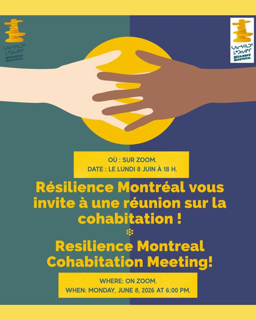 R&eacute;silience Montr&eacute;al vous invite &agrave; sa deuxi&egrave;me r&eacute;union de cohabitation de 2026 ! 🏡

📍 O&ugrave; : sur Zoom 
⏰ Quand : le lundi 8 juin &agrave; 18 h 

👉 Inscrivez-vous sur notre site web : www.resiliencemontreal.co