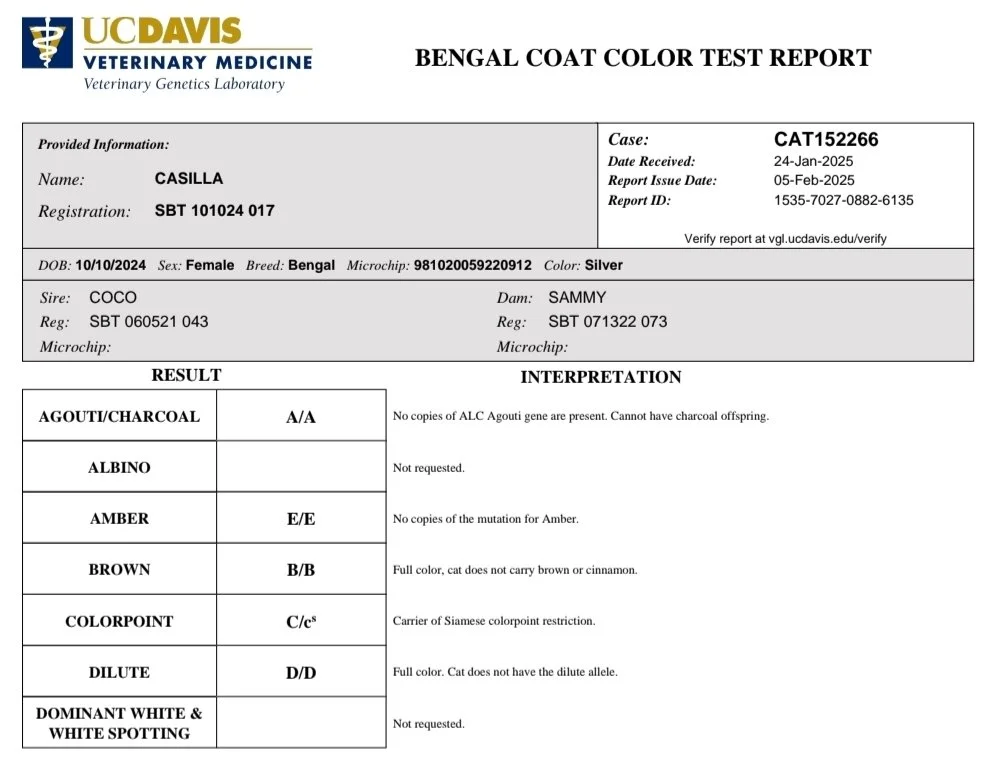 UC Davis Bengal Coat Color Test Report