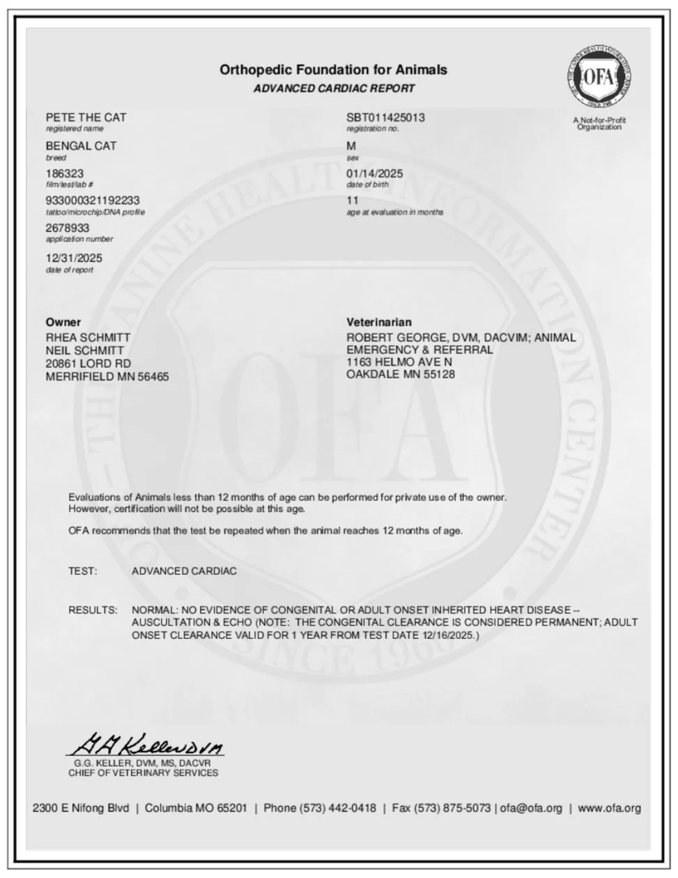 OFA Feline Cardiac Evaluation Form