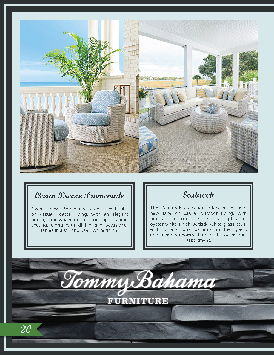 Page 1 of a 2-page spread for Tommy Bahama, showcasing their new Ocean Breeze Promenade and Seabrook Collections.
