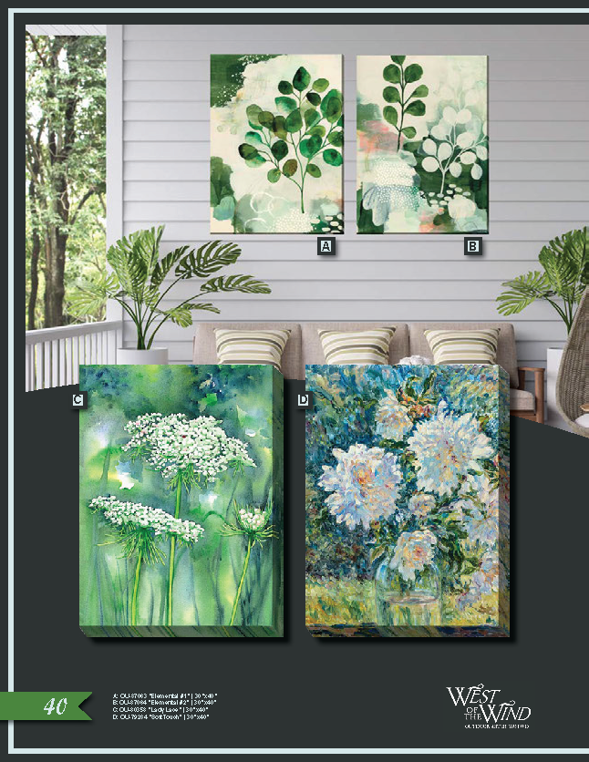 1 of 2 pages which briefly highlight options for outdoor art and décor. This page showcases the canvas art offered by West of the Wind.