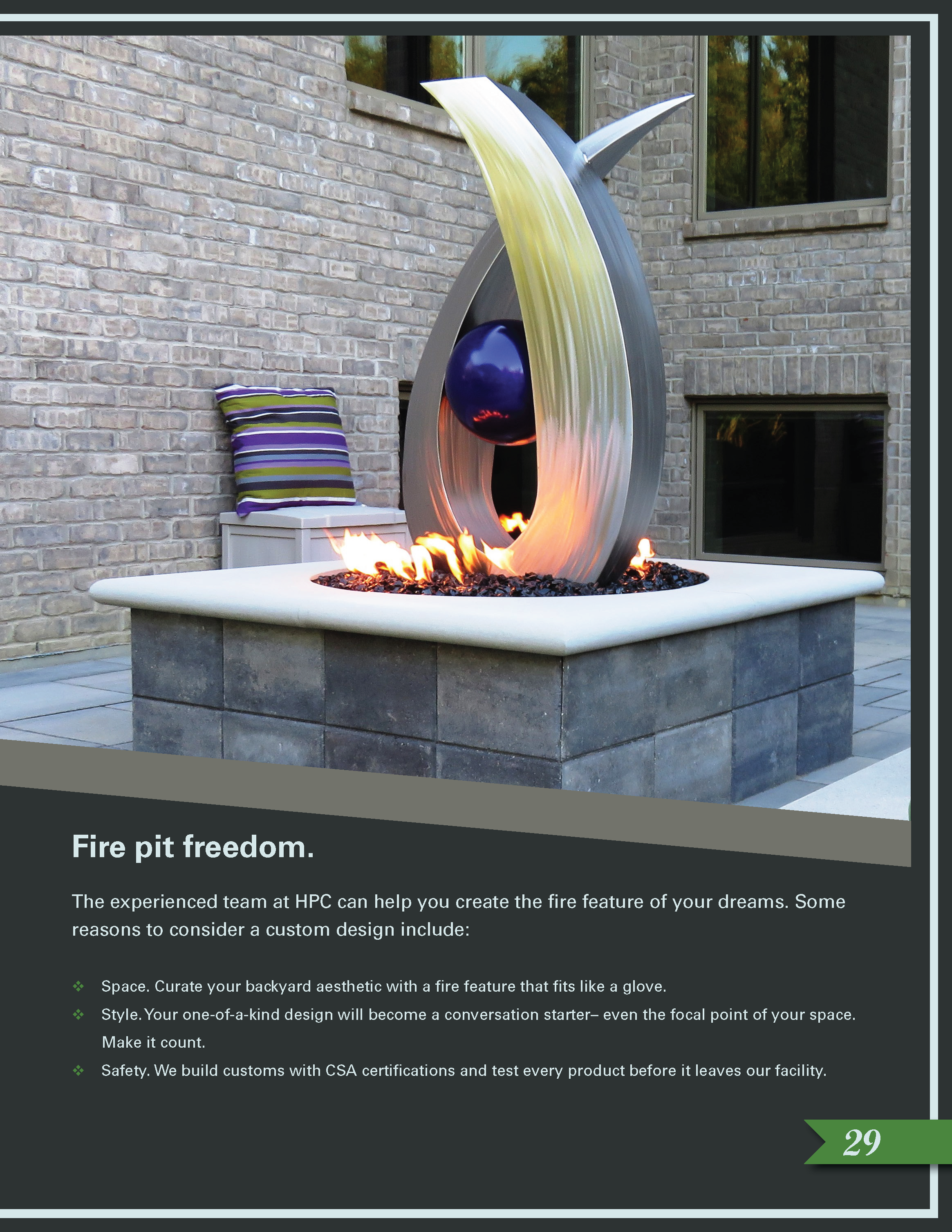 Page 2 of 2 single-page spreads showcasing the HPC brand of custom fire pits.