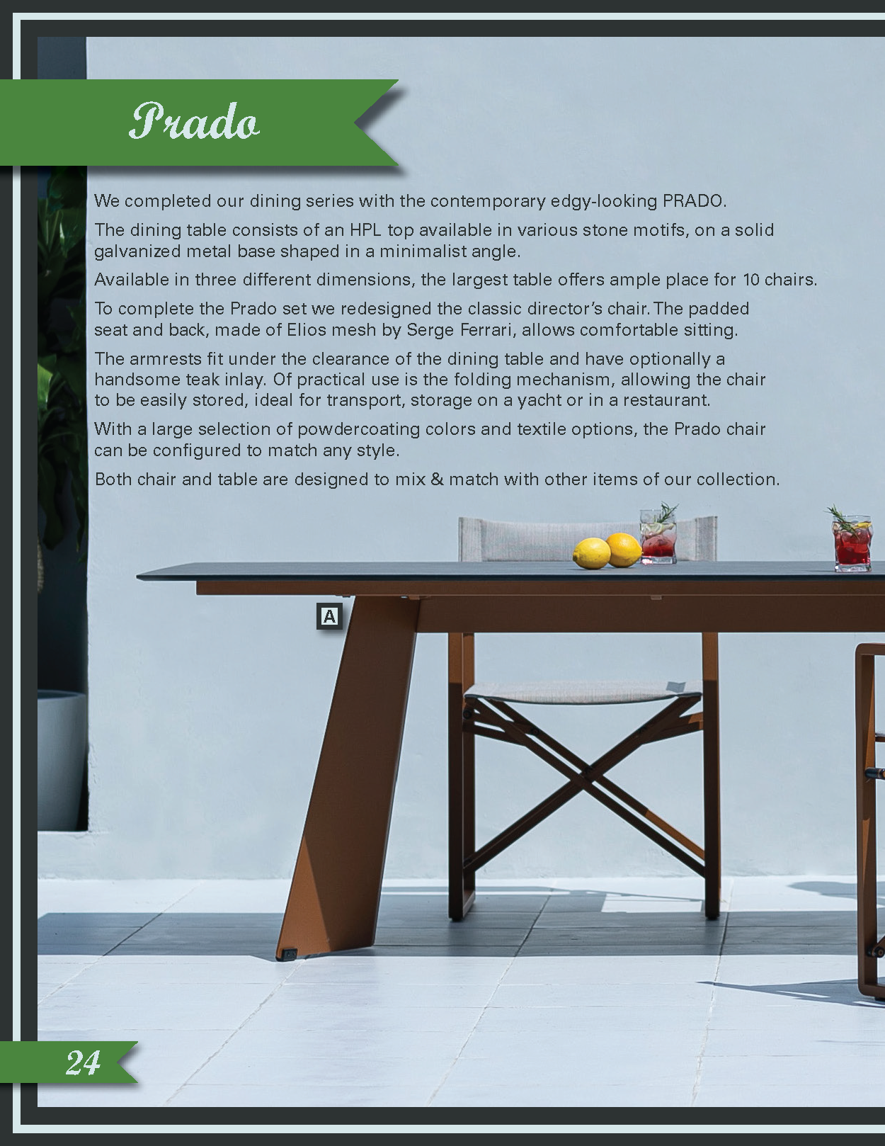 Page 1 of another 2-page spread for Mama Green. I love this image showcasing their new contemporary dining series, the Prado Collection, and felt it would make a perfect minimal image for a 2-page spread.