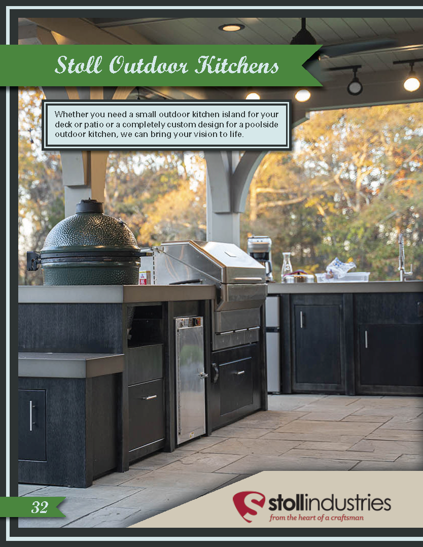 Single page spread giving a sneak peek of the outdoor kitchen stylings of Stoll Industries.