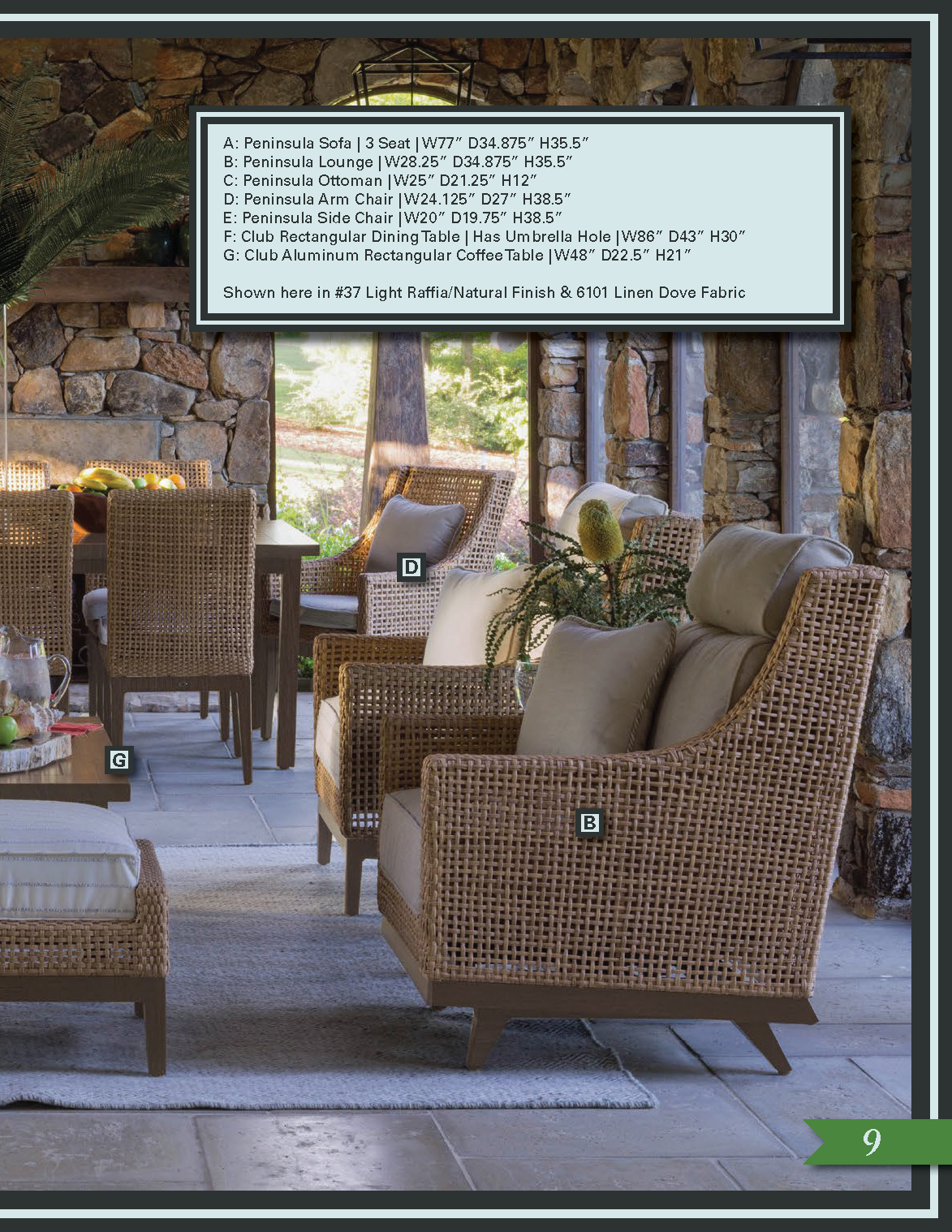 Page 2 of a 2-page spread for one of the new Summer Classics collections: Peninsula. The purpose of this catalog is actually not to be the direct line of purchase for interested consumers, but rather to be the hook to encourage reaching out to O'Mali