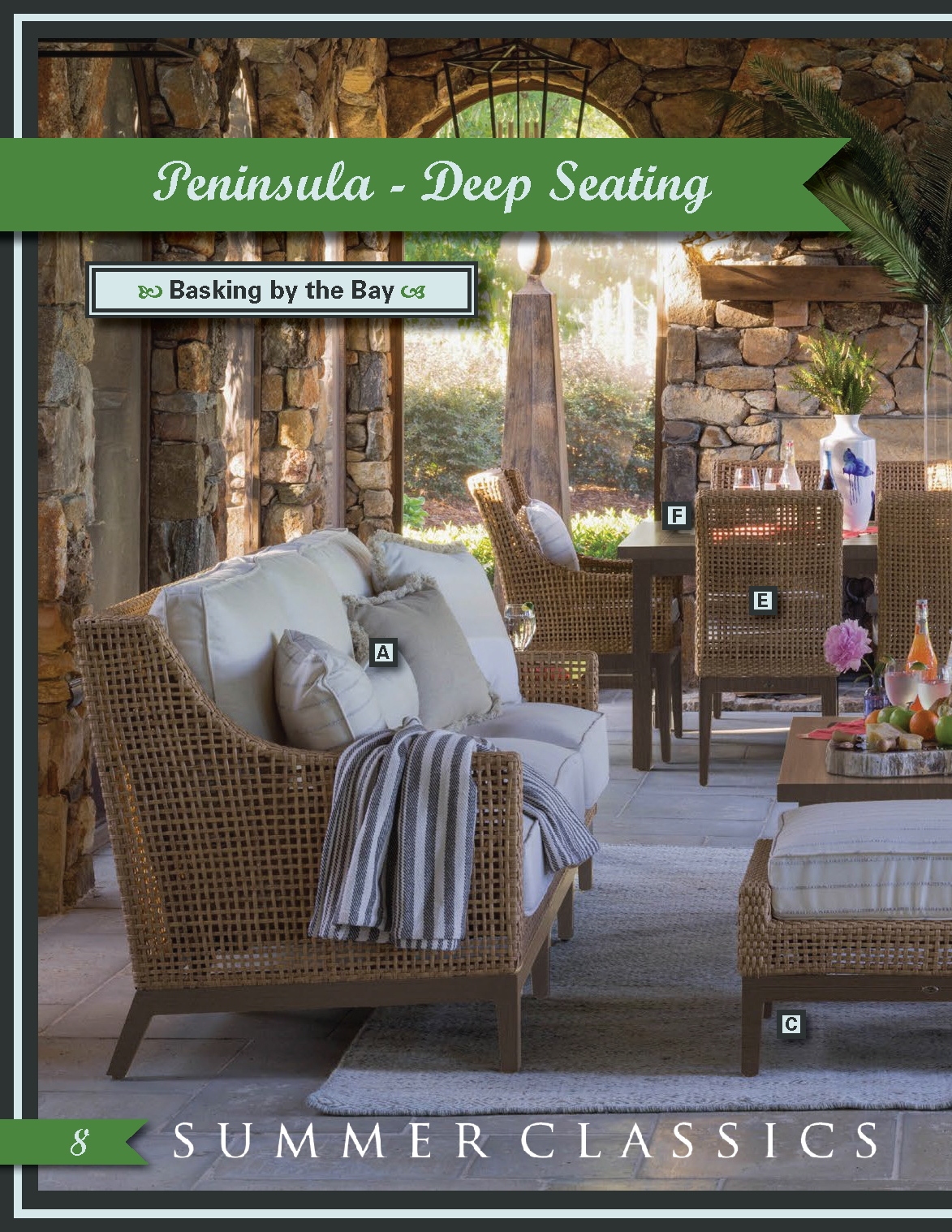 Page 1 of a 2-page spread for one of the new Summer Classics collections: Peninsula. I wanted to utilize images which captured as many of these new products as possible, given the limited page count for this catalog.