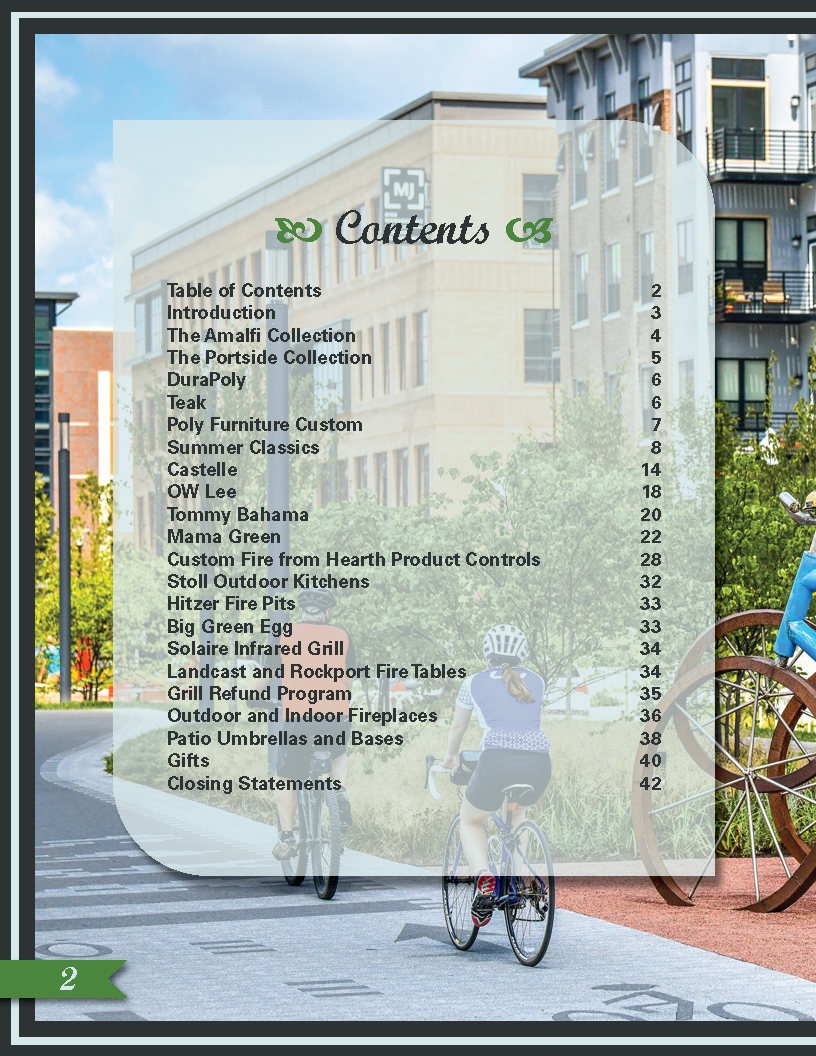 This page contains the catalog's table of contents. The image behind the table features a picturesque shot of one of Carmel's bike lanes alongside a few buildings and even a public art sculpture. This image captures not only the beauty of the city of