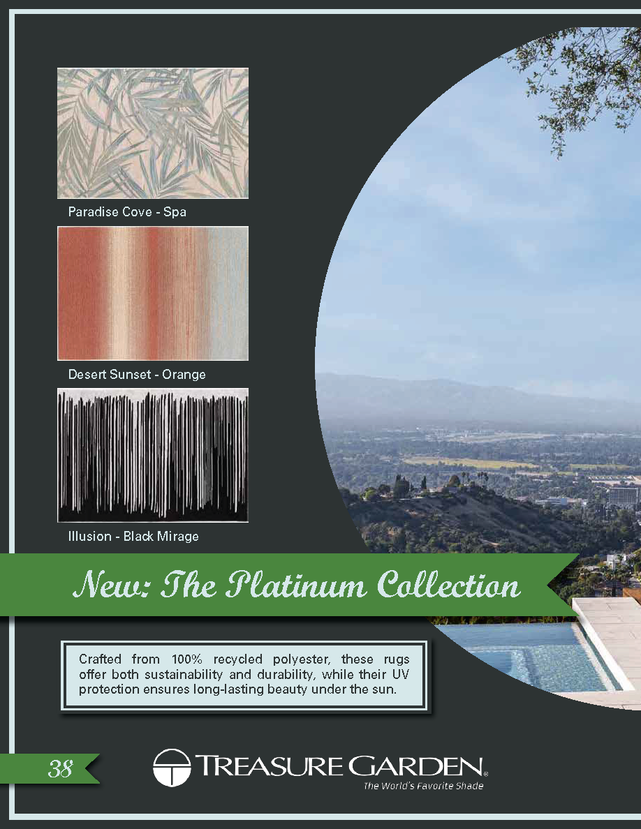 Page 1 of a 2-page spread highlighting Treasure Garden's new Platinum Collection, complete with new pattern swatches.