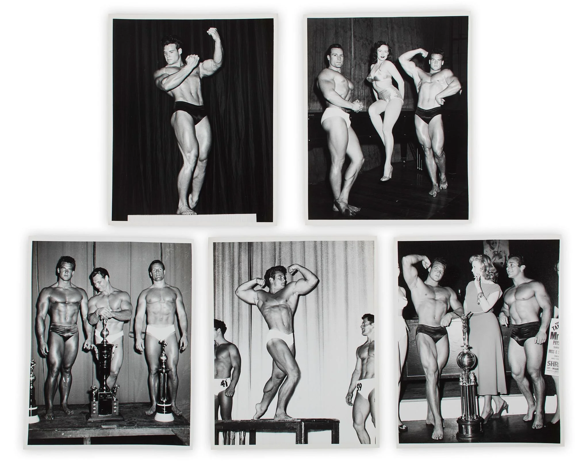 Collection of five (5) silver gelatin photographs of the American actor and bodybuilder Steve Reeves (1926-2000), whose acting credits included Hercules (1959), Hercules Unchained (1960), and Goliath and the Barbarians (1959). Hand signed on the vers