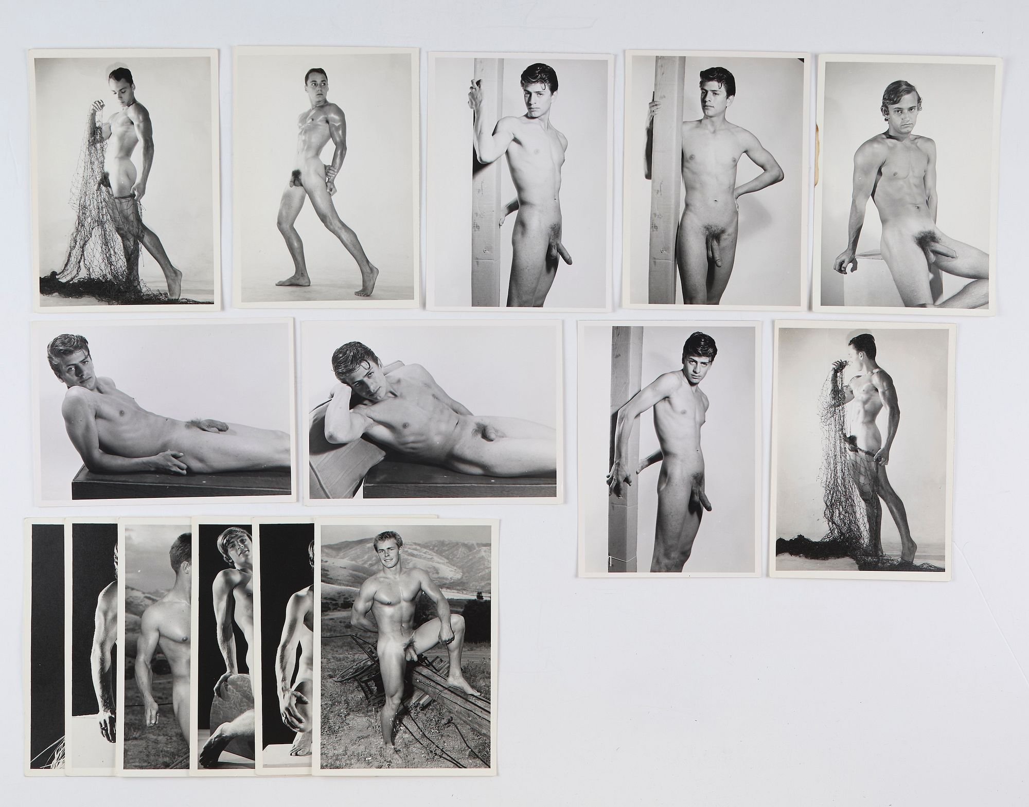 Fourteen (14) physique photographs from photo sets produced by Bruce of Los Angeles. Five (5) with the signature 'Bruce' stamp on the verso. Alongside nine (9) attributed, unsigned photographs on the same textured photo paper and of the same period. 