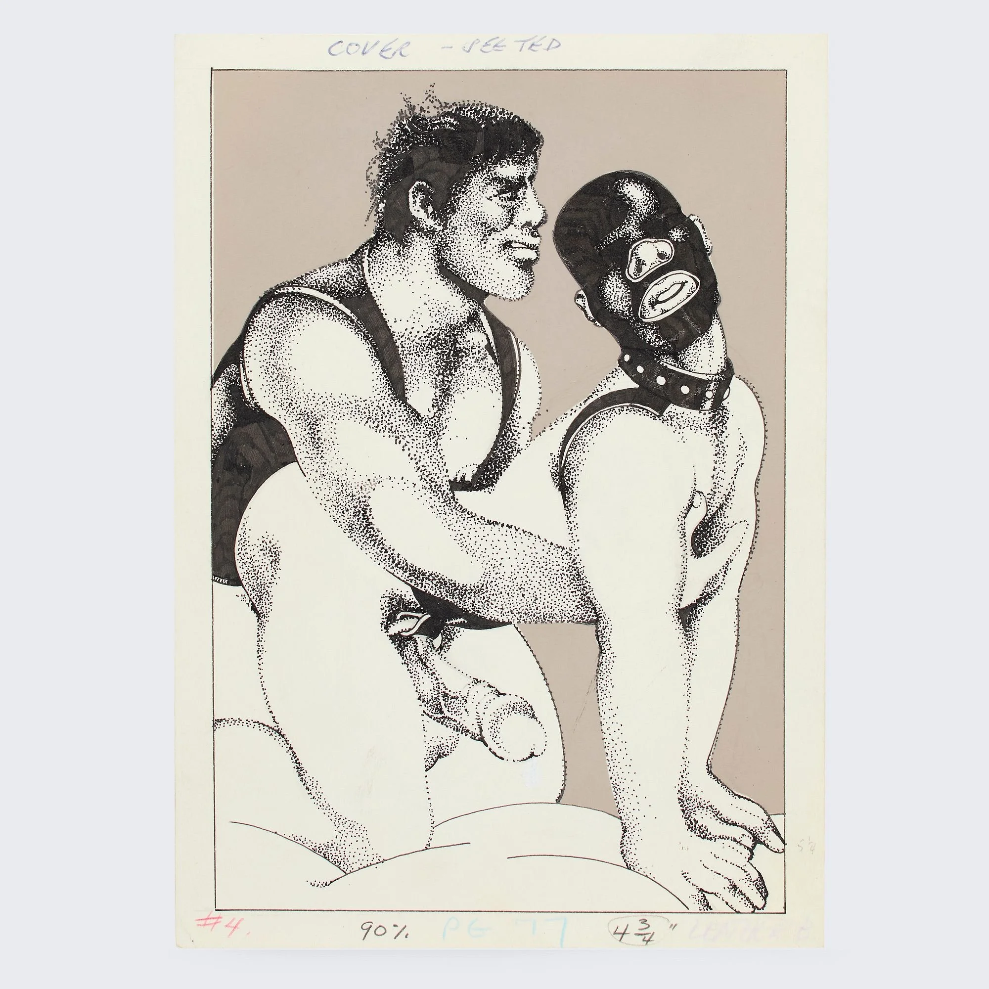 "Leather Boys pg. 77." Ink, graphite, and gouache on paper. Original illustration for page 77 of the "Rough Trade" gay pulp fiction book "Leather Boys (RT-402)" Inscribed by Rex in the margins and on the verso. Circa 1979.
A rare original illustratio