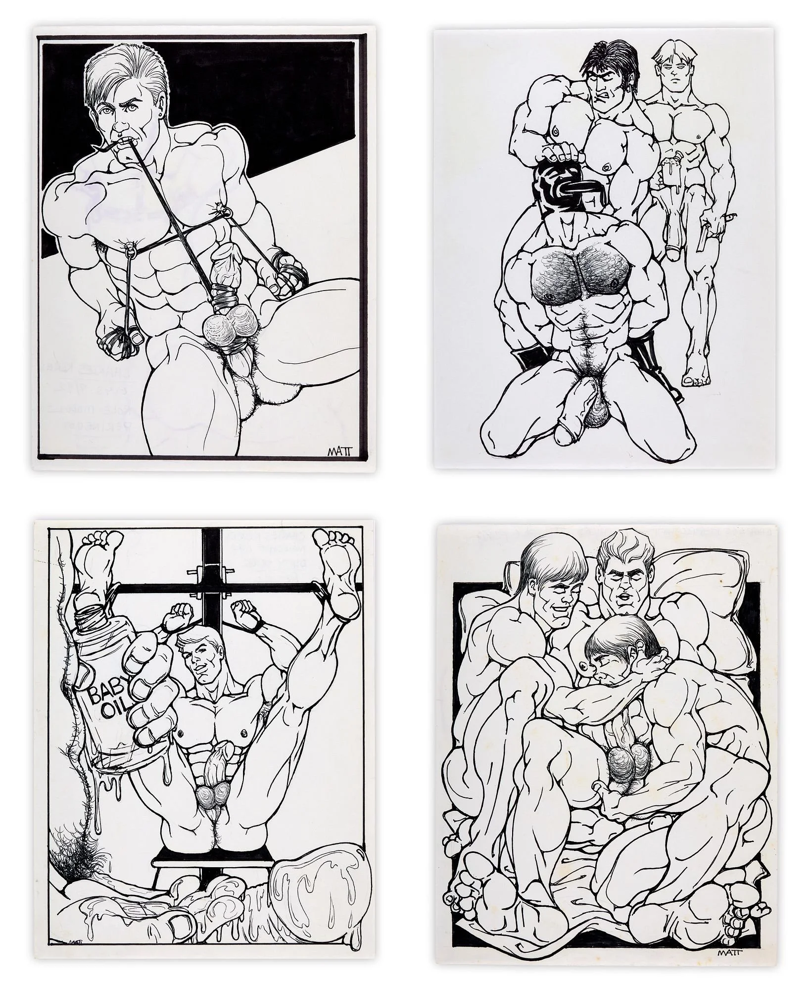 Five (5) erotic works depicting men in bondage. Ink and graphite on paper. Signed. Annotated with the titles, dates and otherwise on the verso. Largest: 11 x 8.5".