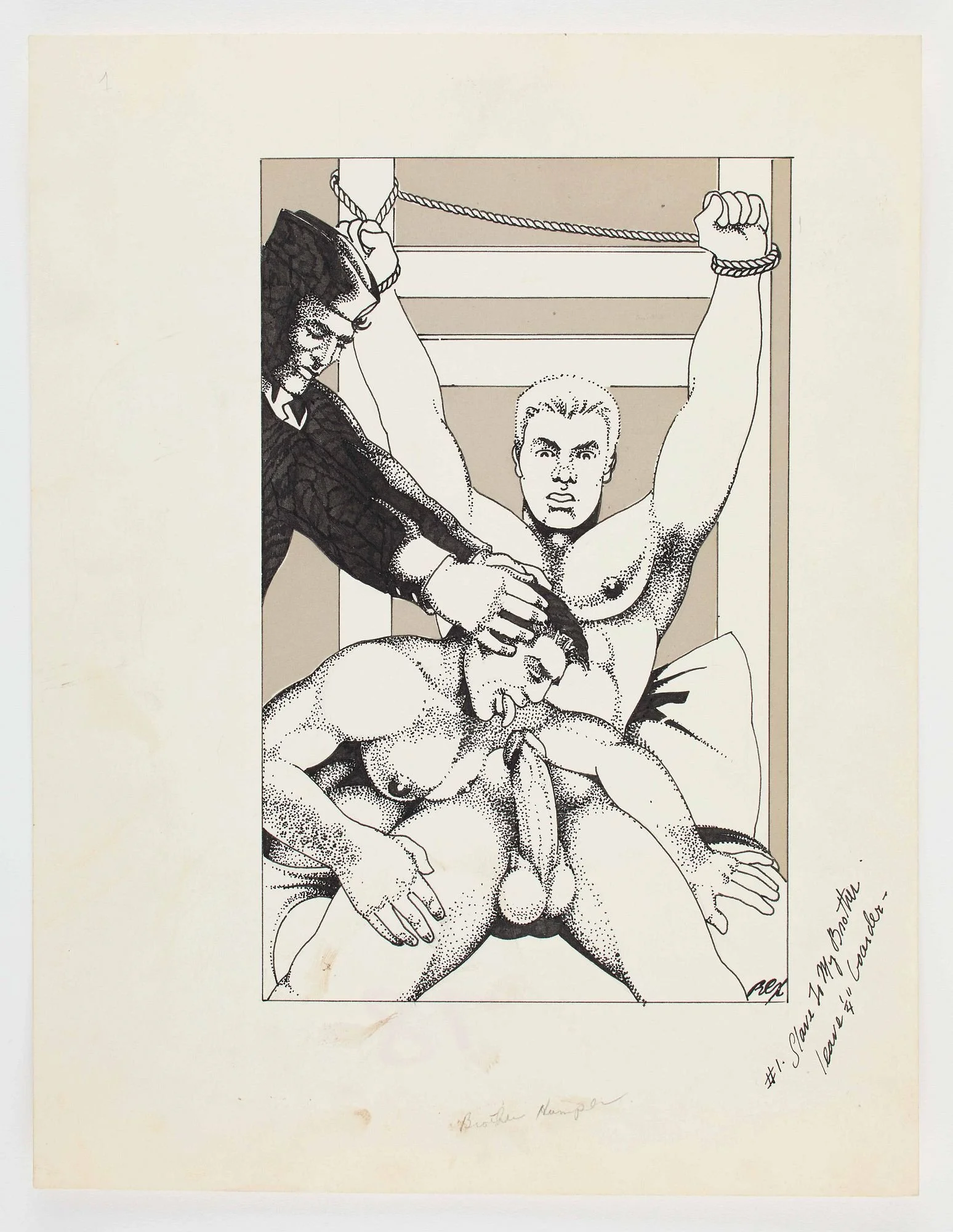 "Slave To My Brother." Ink, graphite, and gouache on paper. Signed lower right. Original illustration for page 26 of Rough Trade's gay pulp fiction book (RT-404), "Brother Humper." Inscribed on the margins and the verso.
11 x 8.5".
