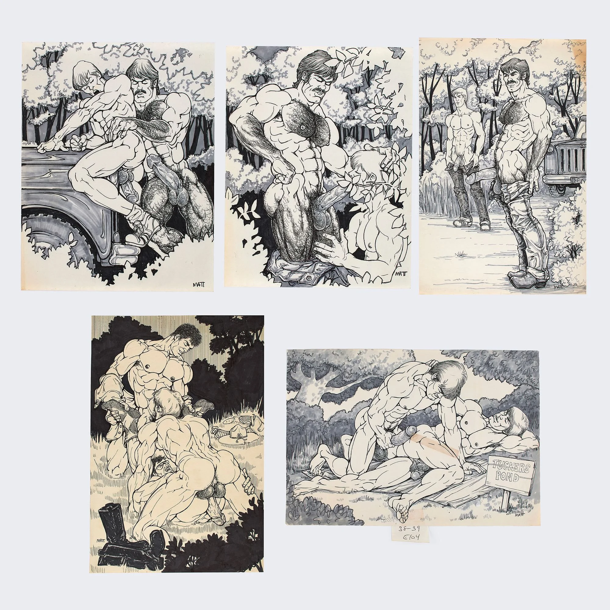 A collection of five (5) original homoerotic illustrations in the tradition of the naturalism art movement. Ink and graphite on paper. Signed. Various sizes; largest: 18 x 12".

Provenance: property of an international institution.