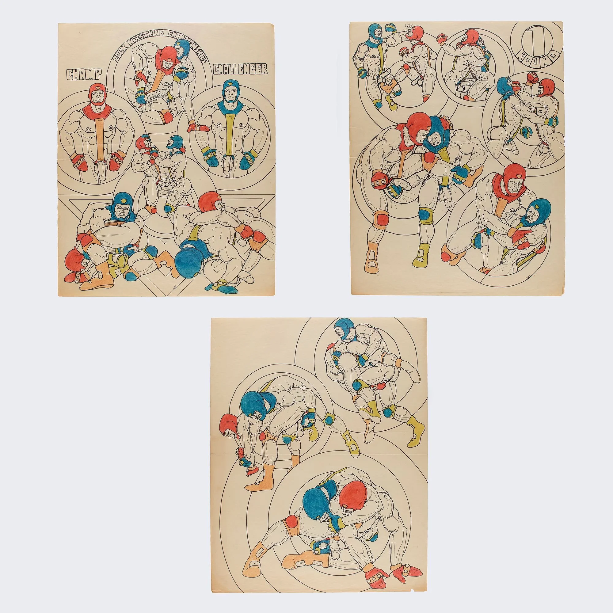 "Cock Wrestling Championship." Circa Mid-century. Three (3) original illustrations (likely published). Ink, alcohol marker, and graphite on paper. Signed. 24 x 18".