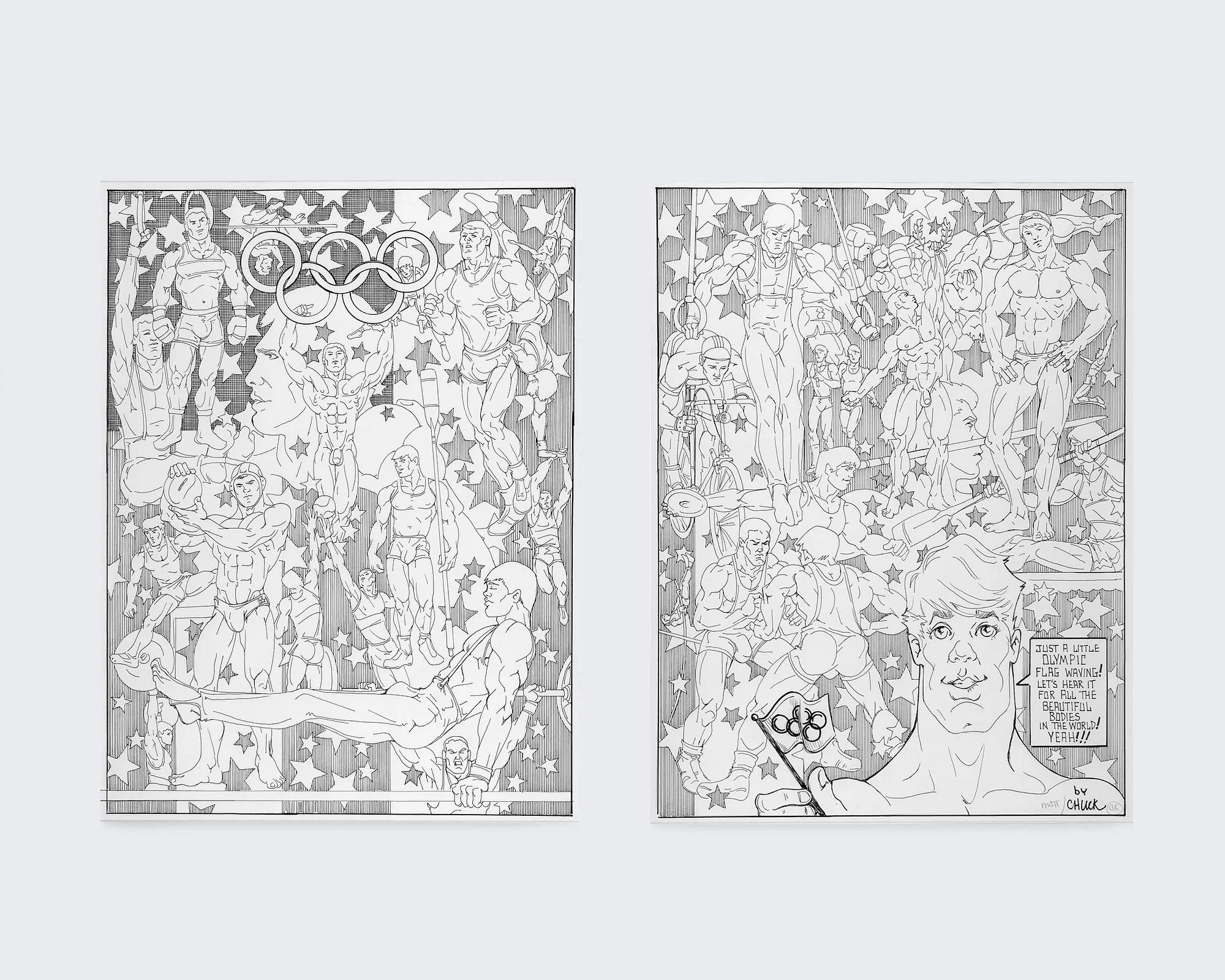 "Olympics..." Ink and graphite on paper. Two framed works. Signed "MATT" in pencil and "By Chuck" in ink on the bottom right of one. Each: 20 1/2 x 15 1/2" (sight); 27 x 21 1/2" (overall). Framed.