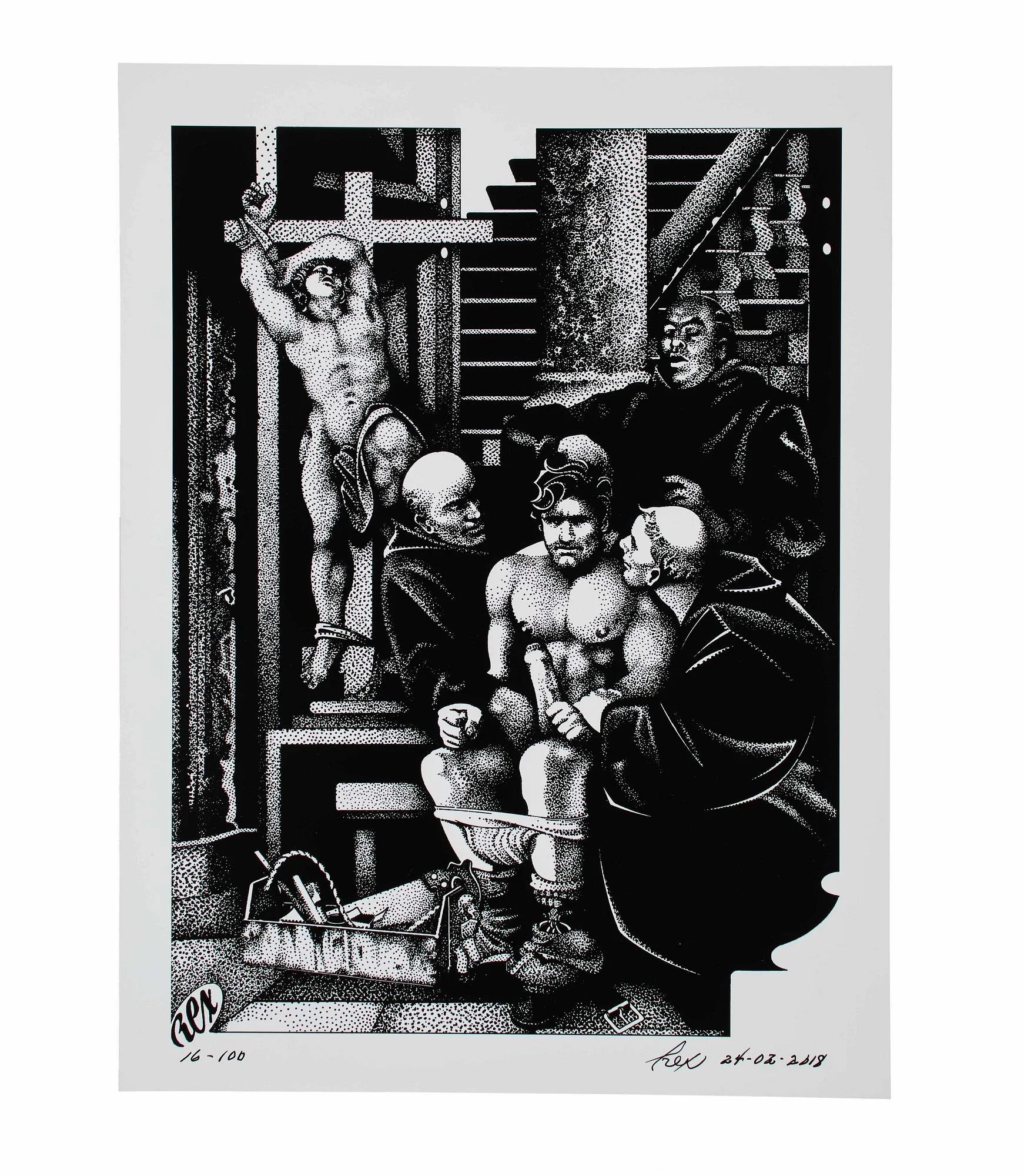 “Getting Religion." 1986. Lithograph. Edition 16/100. A high-quality lithograph produced for a 2018 retrospective exhibition, 50 Years of Creating Art; The Rex Retrospective. From 2016-2018, lithographs of this style were created from original drawin