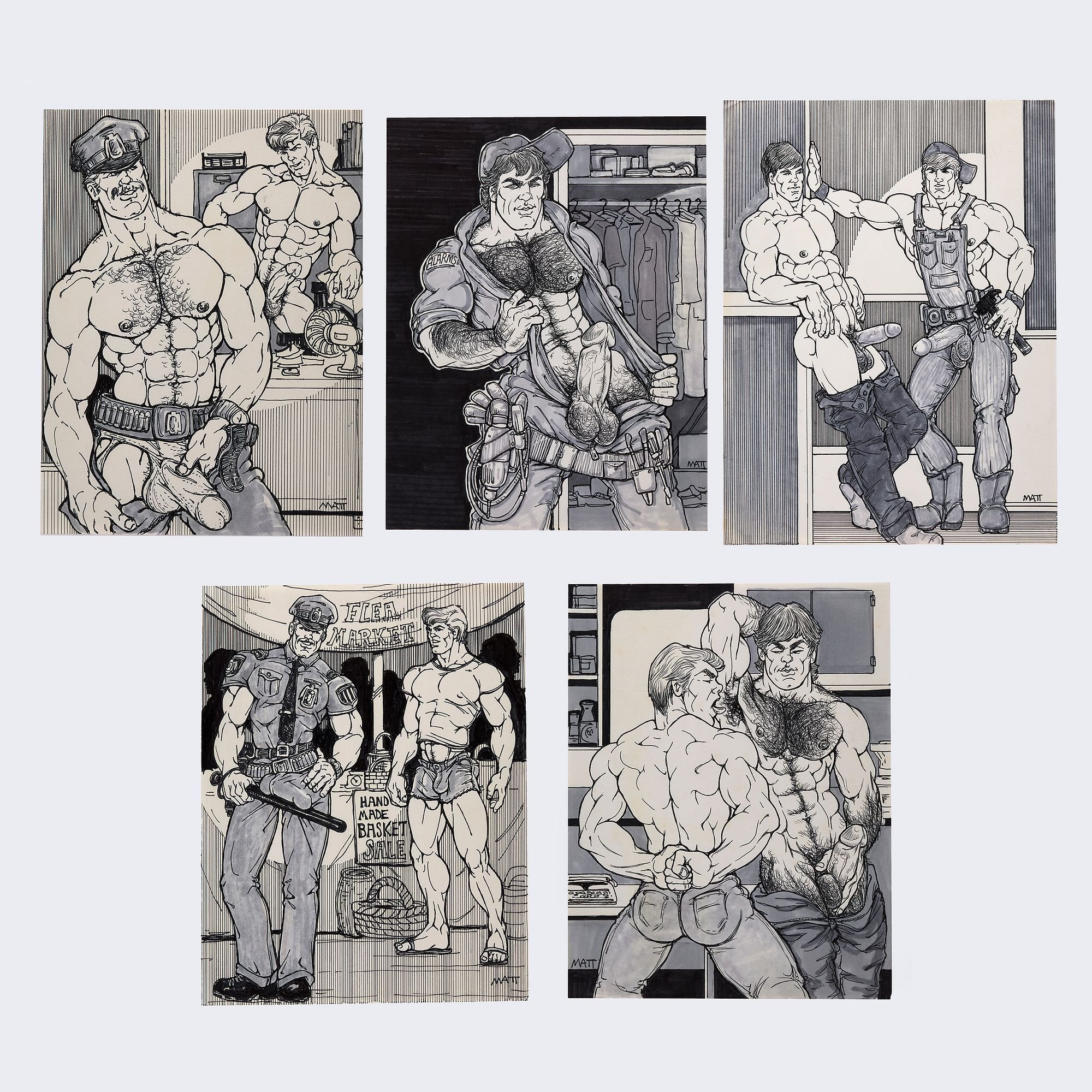 Five (5) original erotic illustrations depicting various scenes. Ink and graphite on paper. Signed. Largest: 12 x 9".