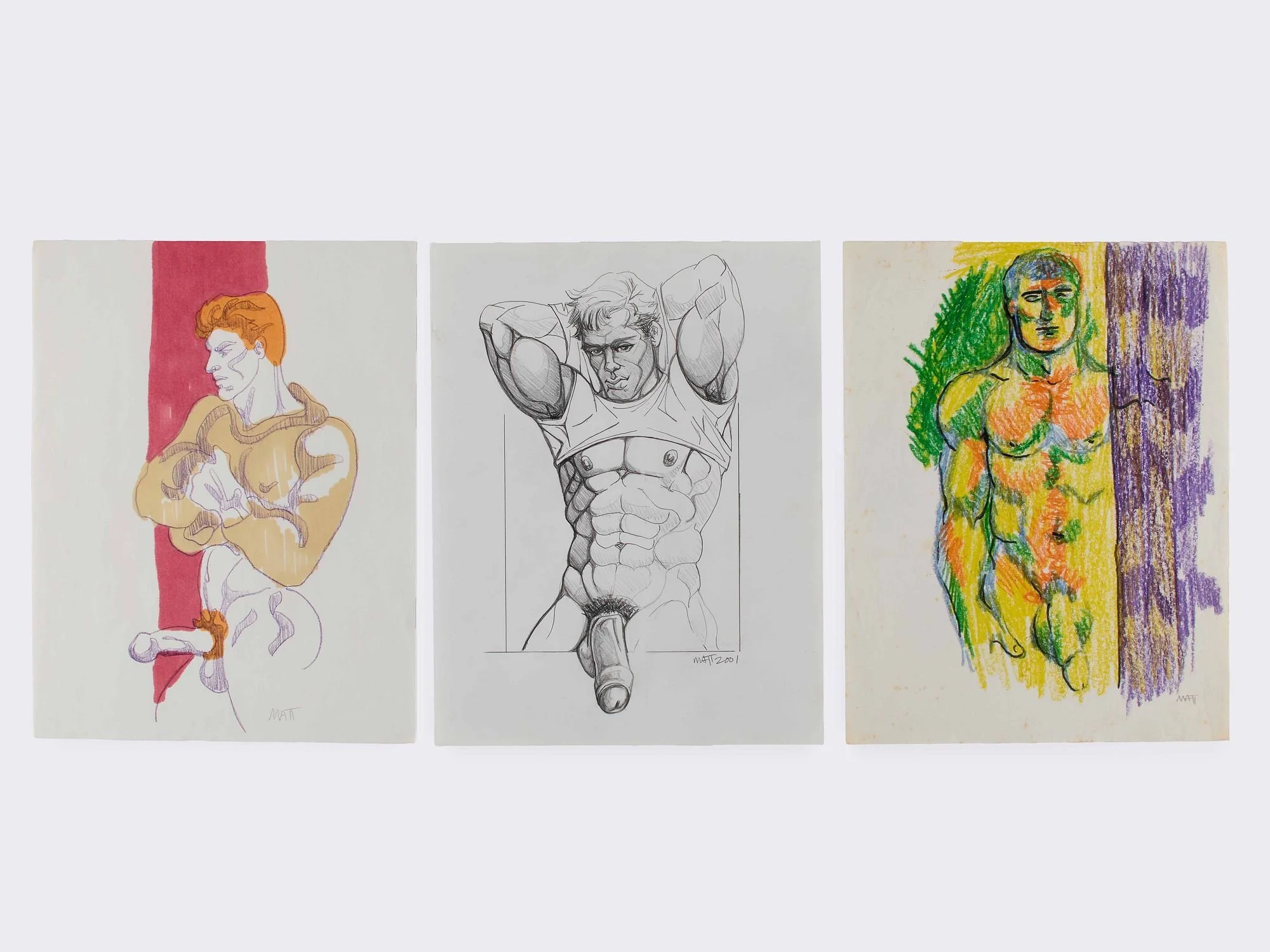 Five (5) assorted erotic works. One (1) crayon on paper, one (1) alcohol marker , ink , and graphite on paper, three (3) graphite on paper. Each signed on the lower right.

Various sizes, largest: 19 x 14 1/2".