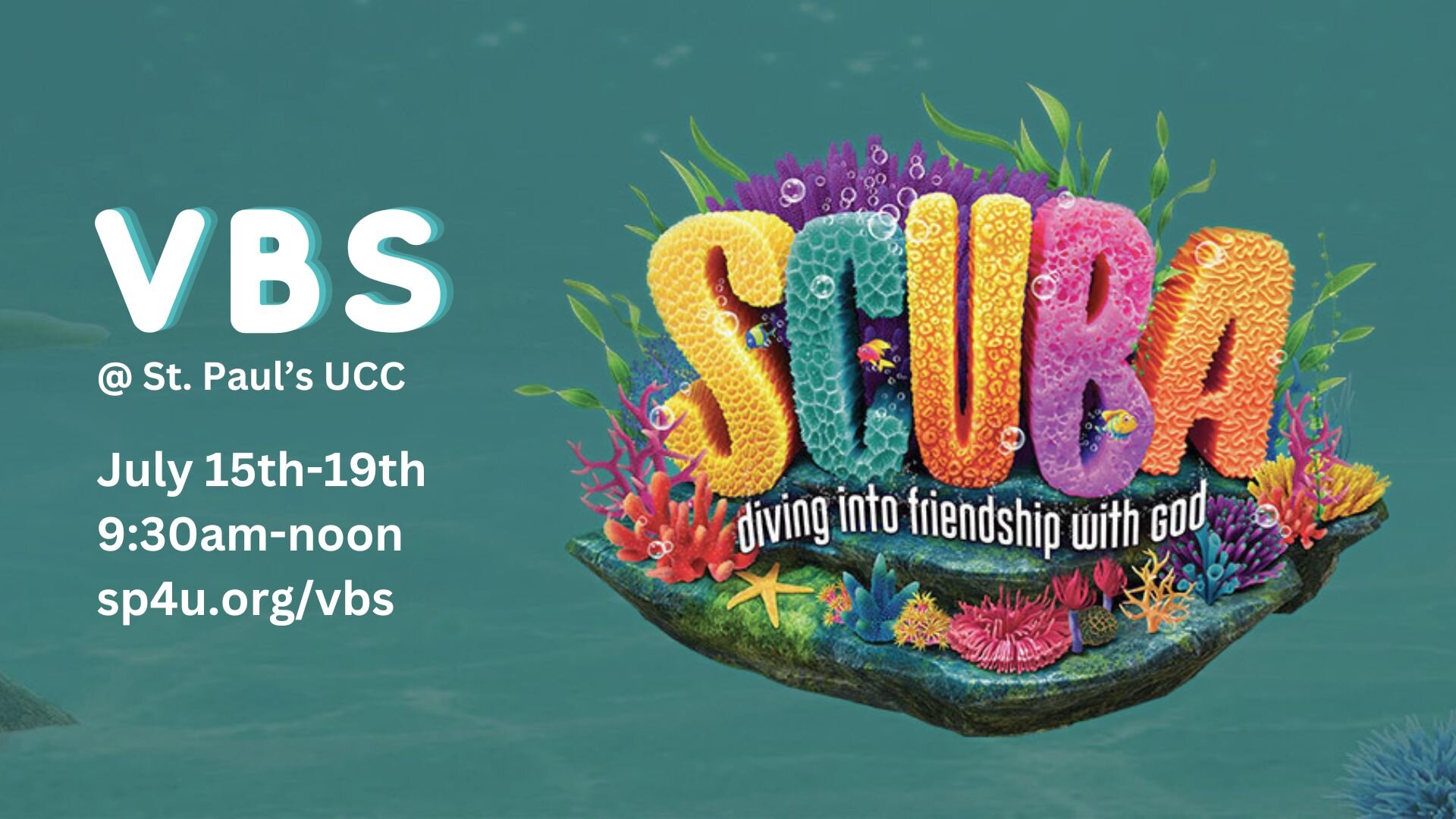 🌊 Dive into an Underwater VBS Adventure with SCUBA! 🐠
This is a free event for kids in Pre-school (potty trained) through 5th grade! 🦀

📝 Sign up your kids at www.sp4u.org/vbs