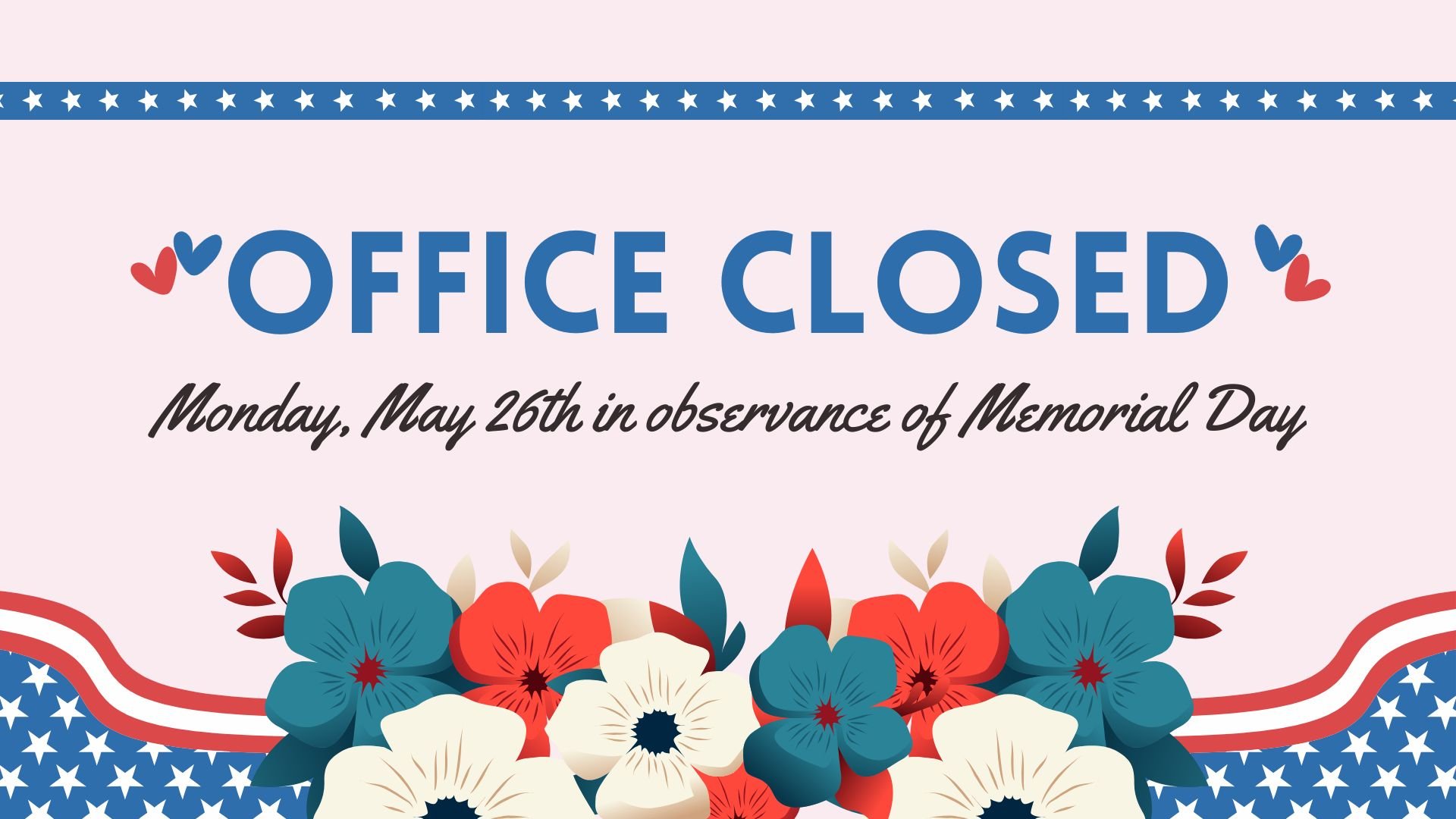 The church office will be closed Monday in observance of Memorial Day. Have a happy Memorial Day weekend!