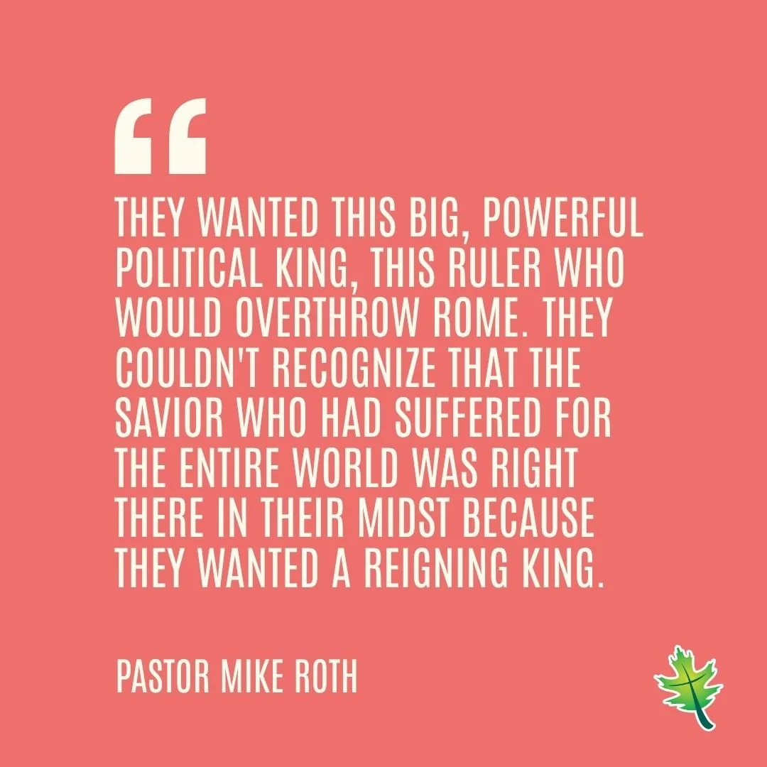 "They wanted this big, powerful political king, this ruler who would overthrow Rome. They couldn't recognize that the Savior who had suffered for the entire world was right there in their midst because they wanted a reigning king."