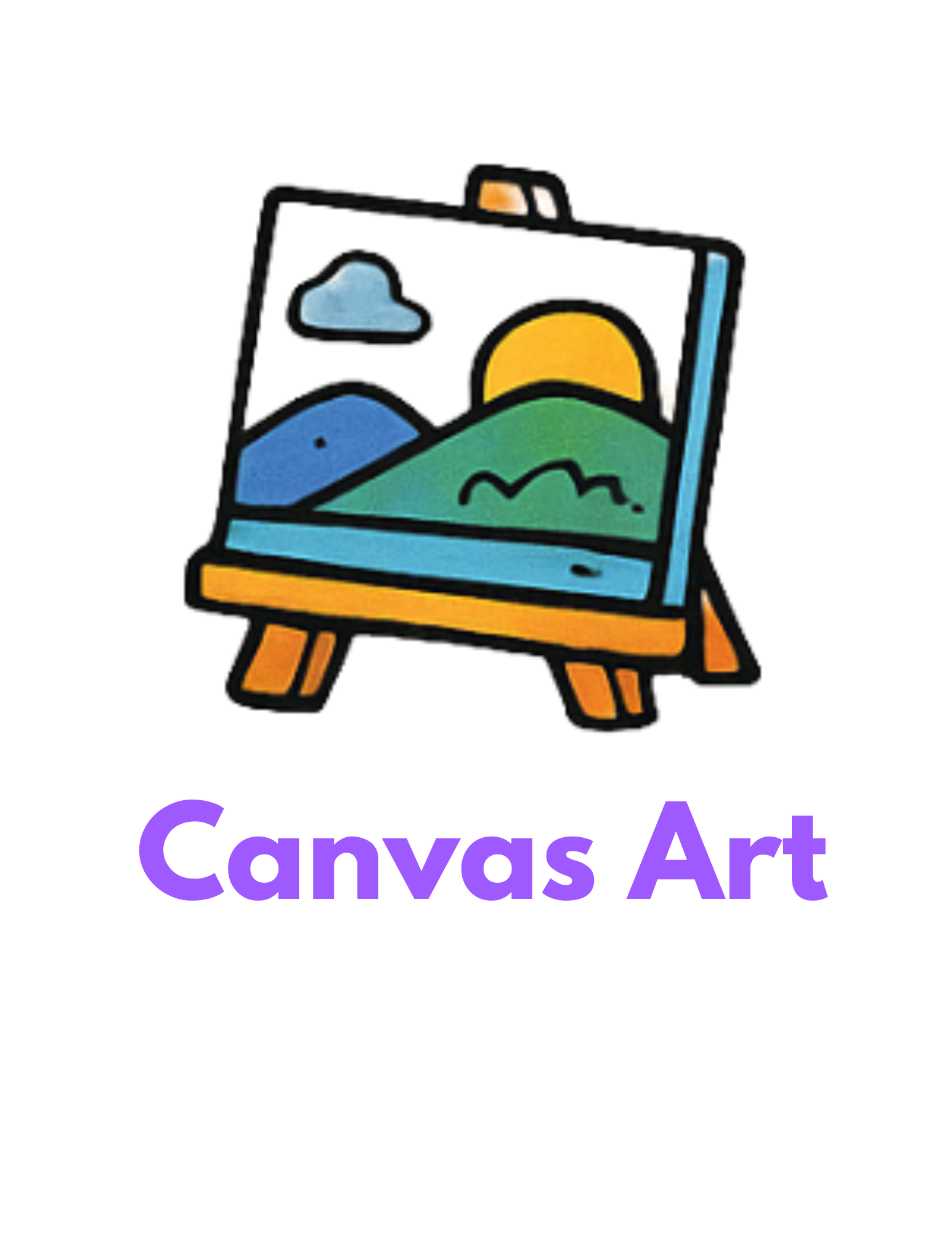 Simple drawing of a canvas with a landscape of a sun, mountains, and a cloud, with the text 'Canvas Art' in purple below.