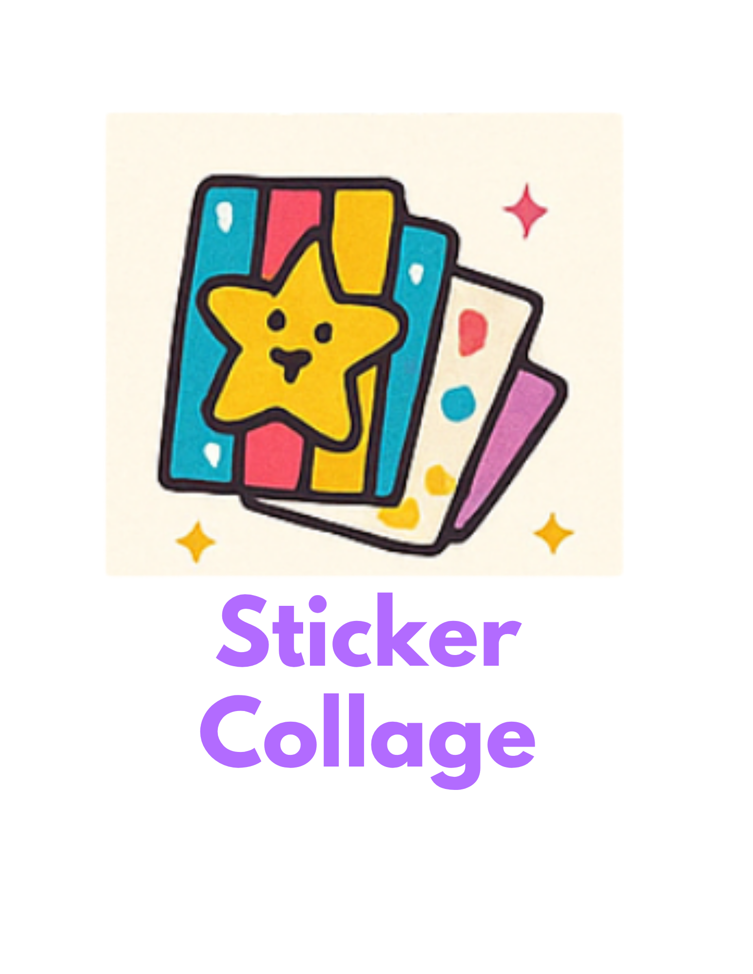 Colorful sticker collage featuring a yellow star with a face, stacked on top of other decorated stickers, surrounded by small stars.