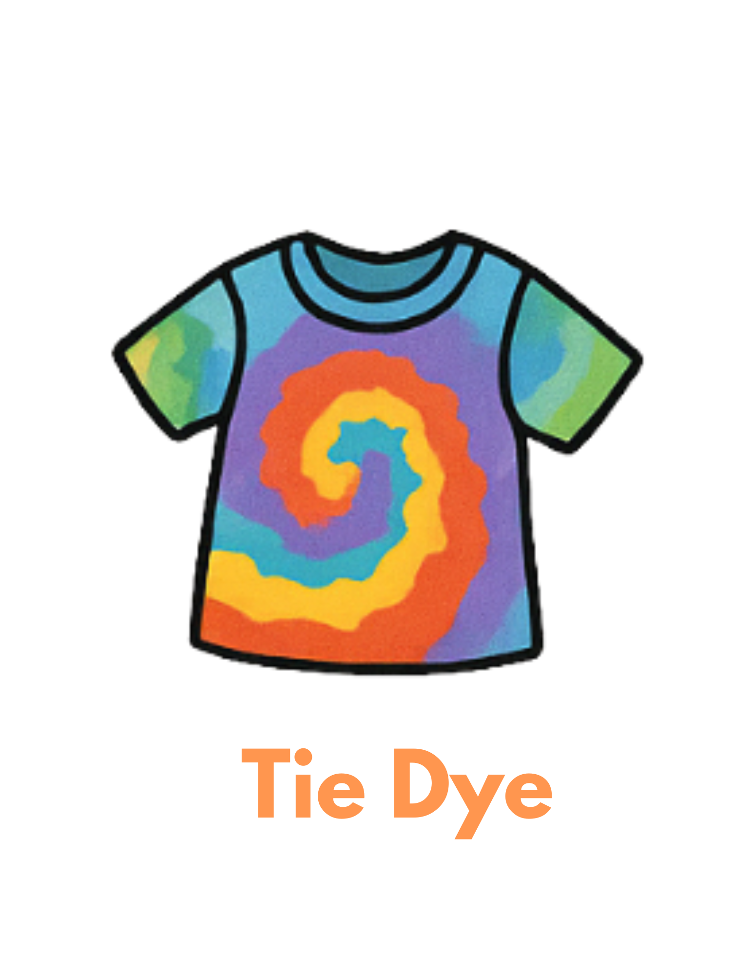 Illustration of a tie-dye t-shirt with a colorful spiral pattern and the words 'Tie Dye' below