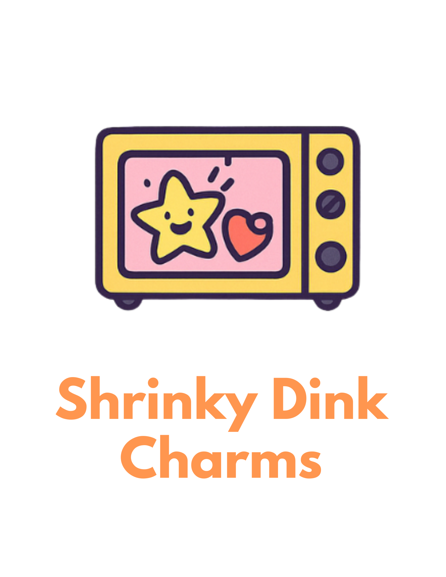 Colorful illustration of a small yellow television with a smiling star and heart on the screen, labeled as "Shrink Dink Charms."