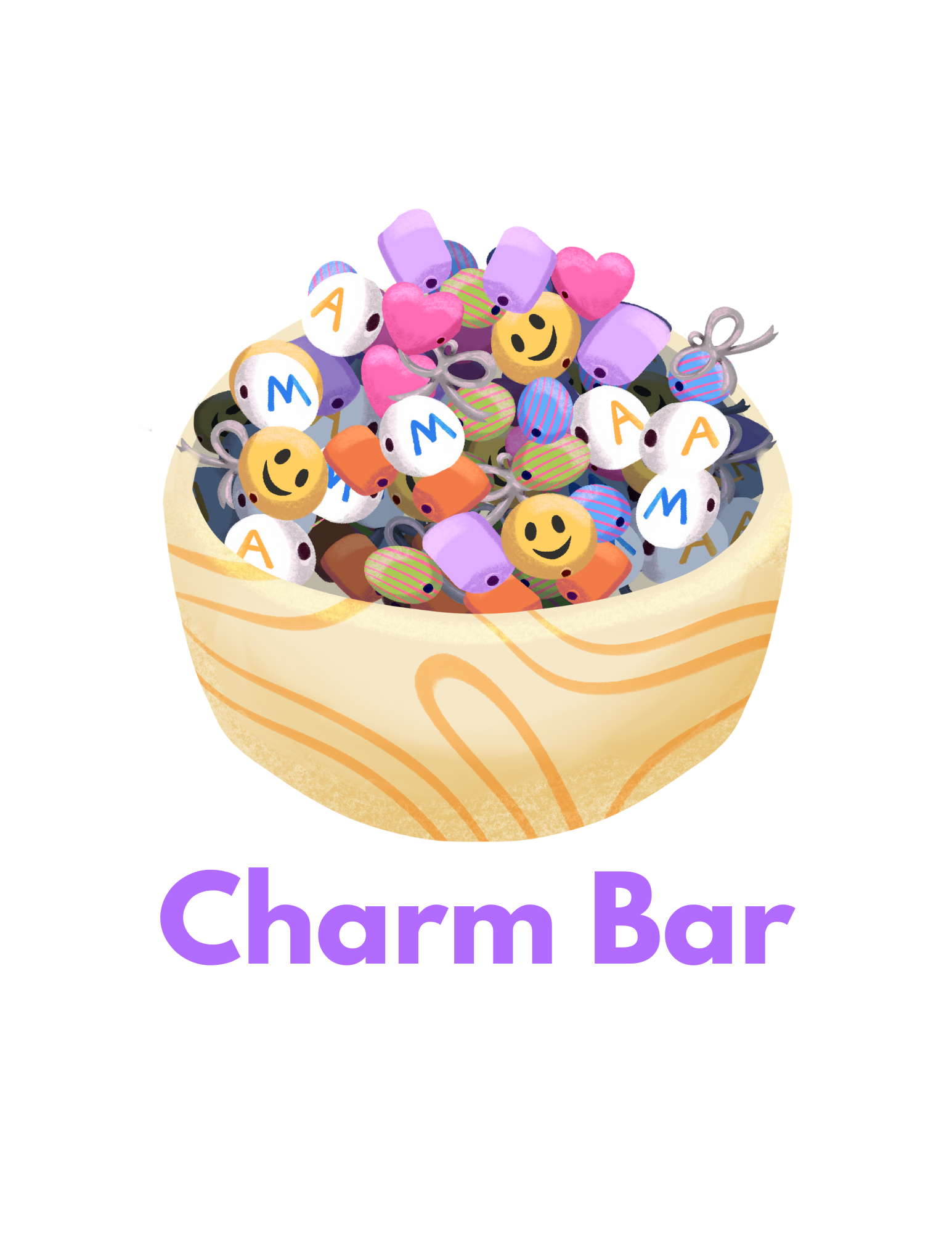 A bowl filled with various colorful charms, including smiley faces, hearts, and letter beads spelling 'MAMA A'. The text below reads 'Charm Bar' in purple.