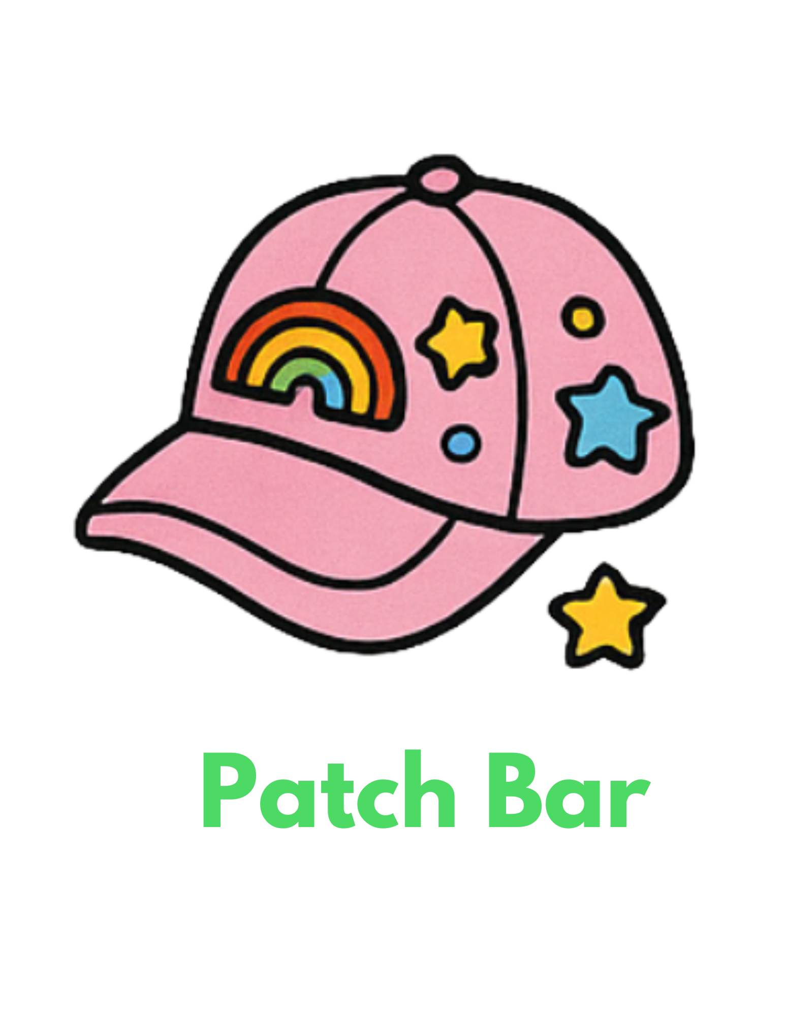 Pink baseball cap decorated with a rainbow and stars, with the text 'Patch Bar' below.