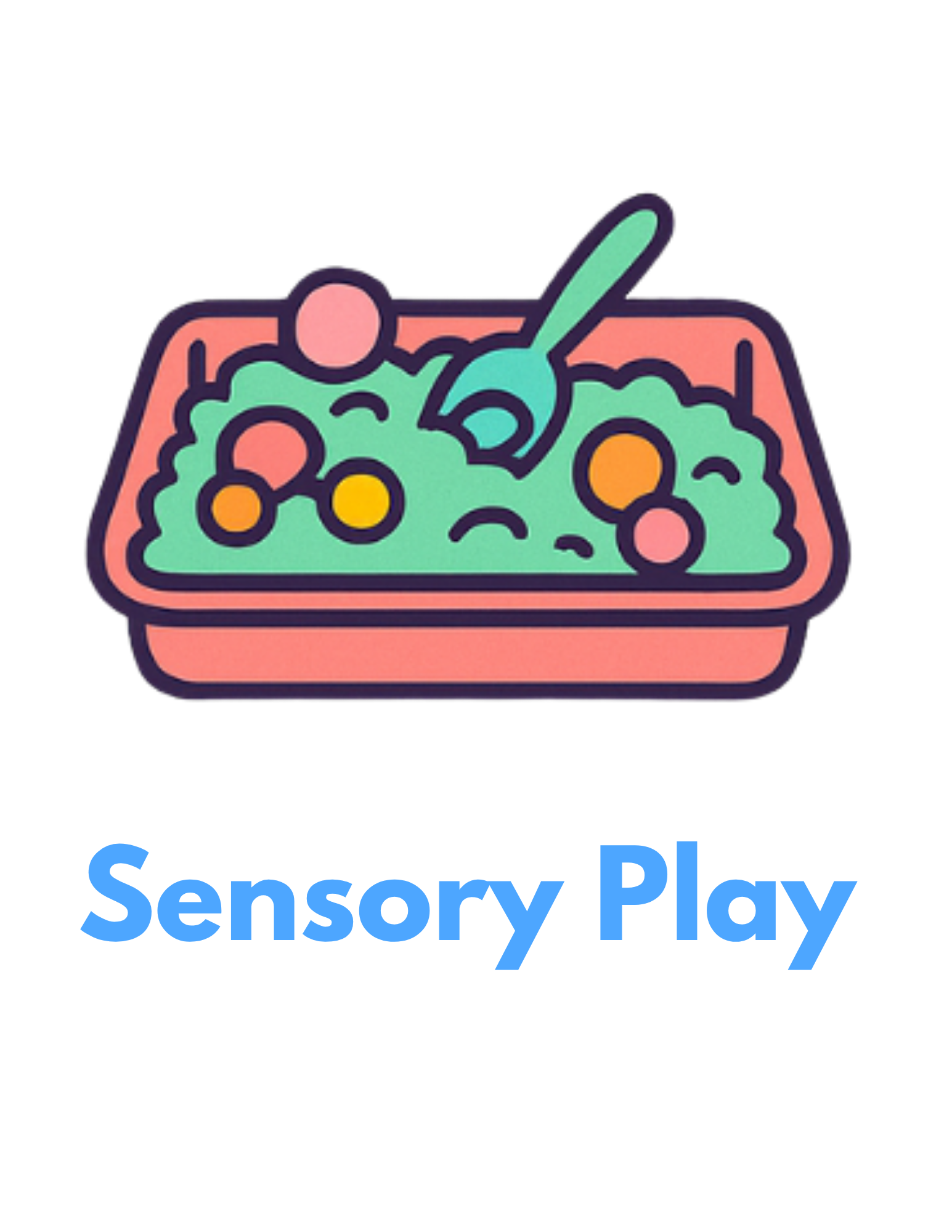 Illustration of a tray with colorful food and a spoon, labeled 'Sensory Play' in blue text.